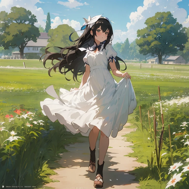 Anime girl in a white dress walking along a path in the field, cushart krenz key art feminine, Anime visuals of cute girls, Cute anime waifu in a nice dress, hestia, guweiz, Smooth Anime CG Art, loli in dress, Official art, guweiz on pixiv artstation, official anime artwork