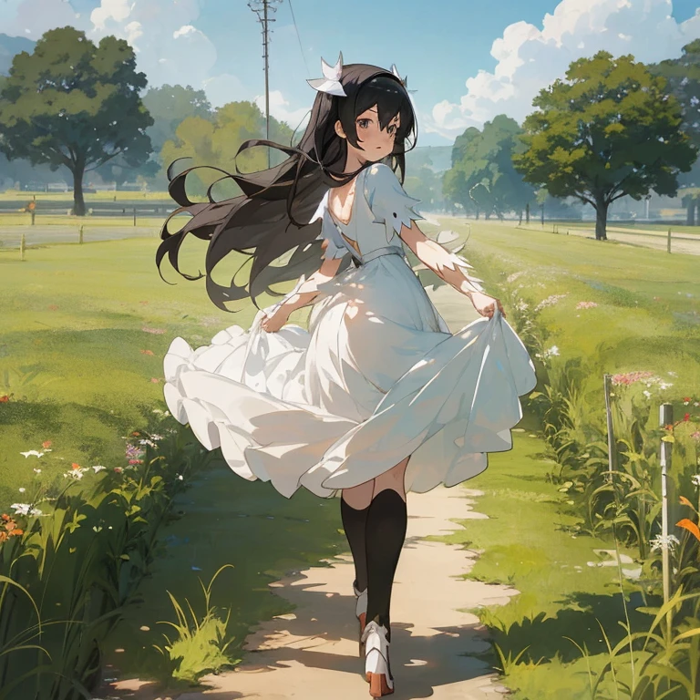 Anime girl in a white dress walking along a path in the field, cushart krenz key art feminine, Anime visuals of cute girls, Cute anime waifu in a nice dress, hestia, guweiz, Smooth Anime CG Art, in dress, Official art, guweiz on pixiv artstation, official anime artwork