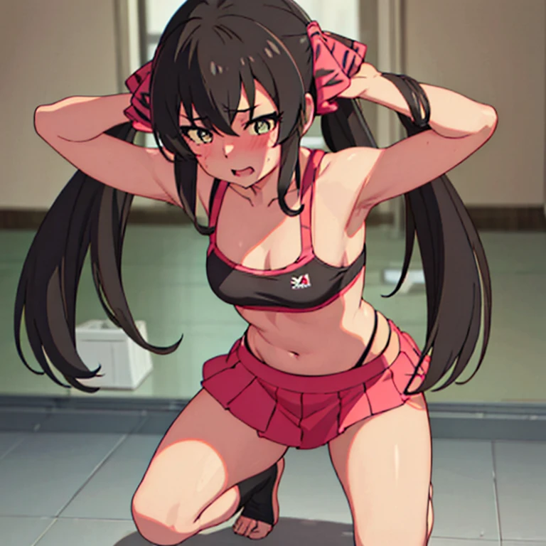 masterpiece, best quality, highres, Matoba Risa, 1girl, solo, busty, small breasts, black hair, twintail , sport bra, blush, looking at viewer, full body, standing, simple background, (erotic pose:1.4), (blush, flustered), ((arms behind head, double armpits)), Half body, upper body,n In the middle, symmetrical, crouching down, half-squat