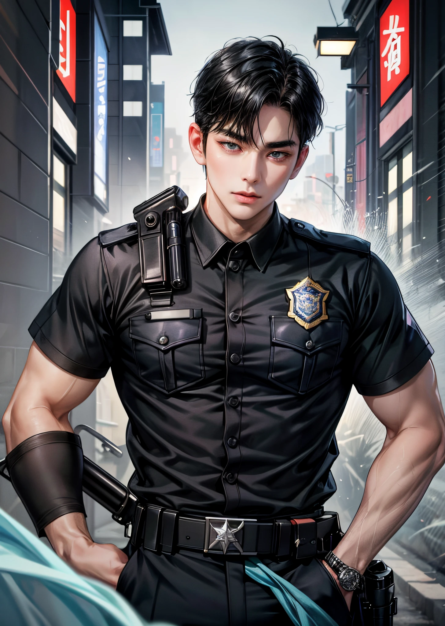 anime male guy named akira yamada, medium-length black hair with a few streaks of silver, symbolizing his mysterious nature. His eyes are a deep blue, almost like the ocean at night, and he has a slight scar on his left cheek. He’s about 5'10" with a lean, athletic build. His usual outfit consists of a dark hoodie with a high collar, black cargo pants, and combat boots. He also wears a pendant with an ancient symbol around his neck, Akira is a loner, quiet and reserved, but very intelligent and strategic. He has a strong sense of justice but prefers to work from the shadows. He’s often seen as cold and distant but has a soft spot for those he cares about, Akira is a former member of an elite group of warriors who protect the balance between the human world and the supernatural realm. After a tragic event, he left the group and now works alone as a vigilante, trying to uncover the truth behind what happened.