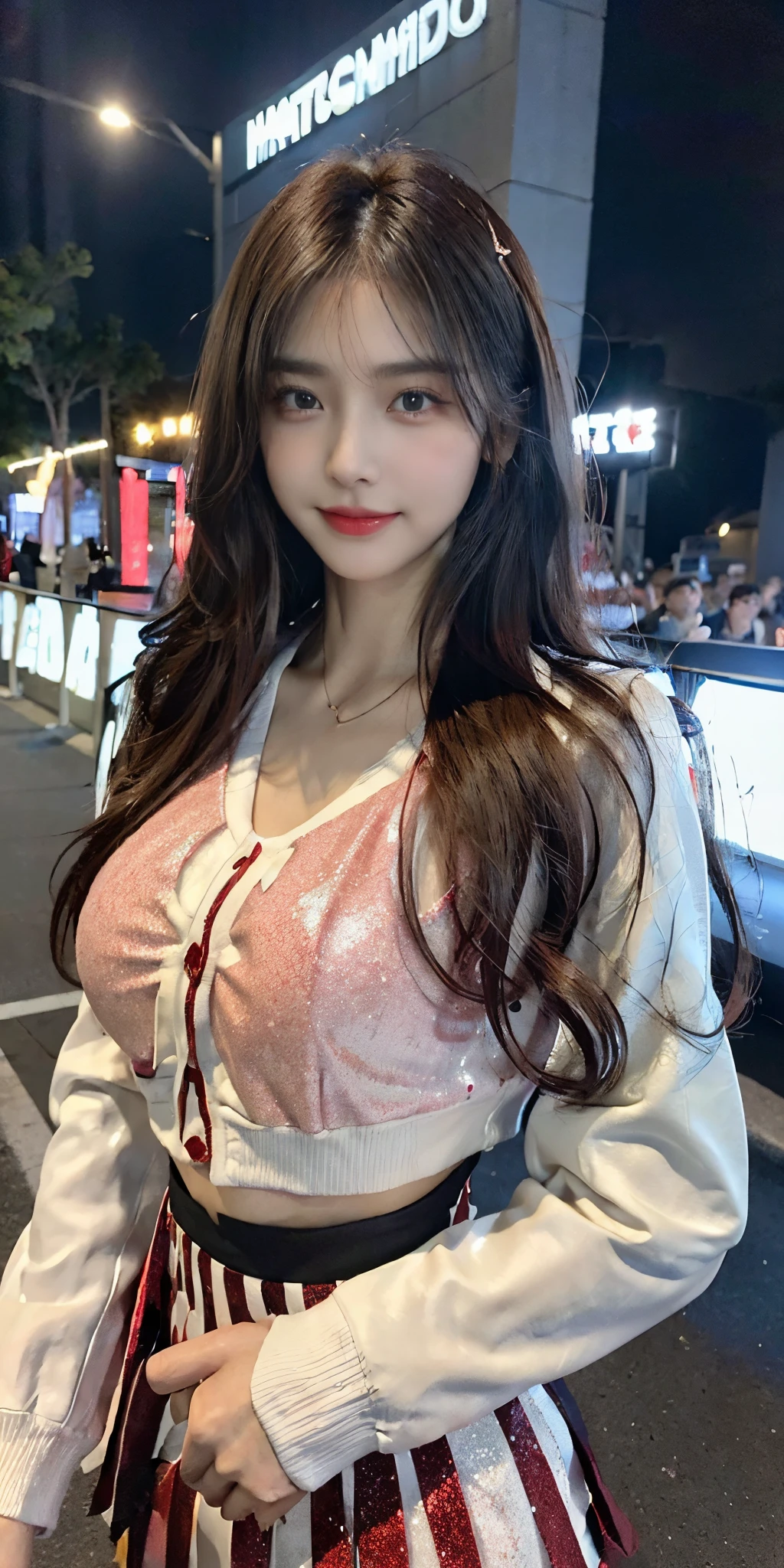 (8K, Raw foto, Best Quality, masutepiece:1.2), (realisitic, Photorealcitic:1.37), 超High resolution A, 1girll, 18 years-old, (idol:1.4), (Famous actresses :1.4), (beautifull detailed face:1), bangss, (Multicolored floating hair), skin hollows, Light makeup, (beautiful big breasts:1.3), (radiant skin:1.1), sparkly skin, Long limbs, Slim, hanging chest:1.3, a narrow waist, medium hips, Thin leg, slim thigh, Dynamic lighting, Obscene face, Glossy texture, Lipstick, v-shaped eyebrows, V-Line Joe, looking up at viewer, (Long hair:1.3), (perfect faces:1.4), ((tempestuous winds)), Flowing Hair, audience, (Smile:1.3), blue-sky, (((Monte Carlo Street Circuit))), (((race car))), (((Racing bikes))), ((Promotion Girl:1.3)), ((Grid Girl:1)), Pink Lip, Light makeup, (Delicate promotional costumes are worn intricately:1.10), Lace-up boots, short sleeves, Cropped Top, ((Short jacket:1)), (Tube Top Bra:1), kneehighs, (((Nylon short-sleeved jacket with lots of logos))), (Knee-length glitter nylon pleated skirt), ((Asymmetric medium size nylon pleated skirt)), Small hips, ((Promotional wear with logo)), (((Red and white glitter promotional clothing))), fingerless gloves, Belly view style, A dark-haired, Brown hair, Red hair, Blue Eyes, (sweatdrops:1), (Dynamic Angle), walking, bending forwards, audience,