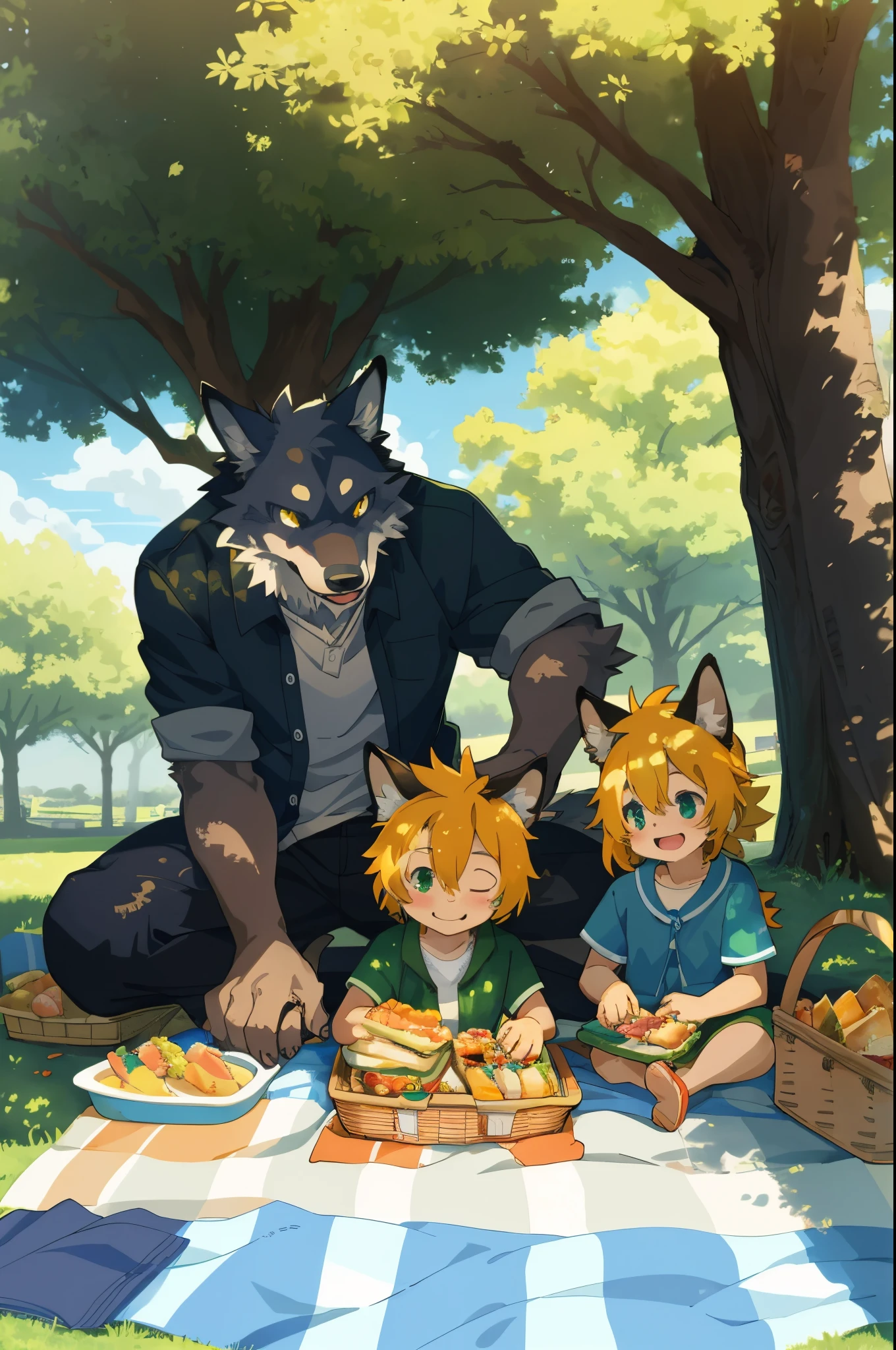 cover page, anime key visual, highres, top quality, best quality, paid reward available, High-quality illustrations, unparalleled masterpiece, perfect artwork, absurdres(heartwarming family picnic scene)(in a lush green park)(kemono family with two parents of diverse descents and a child)perfect anatomy, sitting on a colorful blanket, parents smiling and taking out food from a picnic basket, child reaching for a sandwich, cheerful and relaxed atmosphere, bright sunny day, trees in the background, fan-created work shared on platforms Pixiv or Twitter, cinematic lighting, dynamic angle,