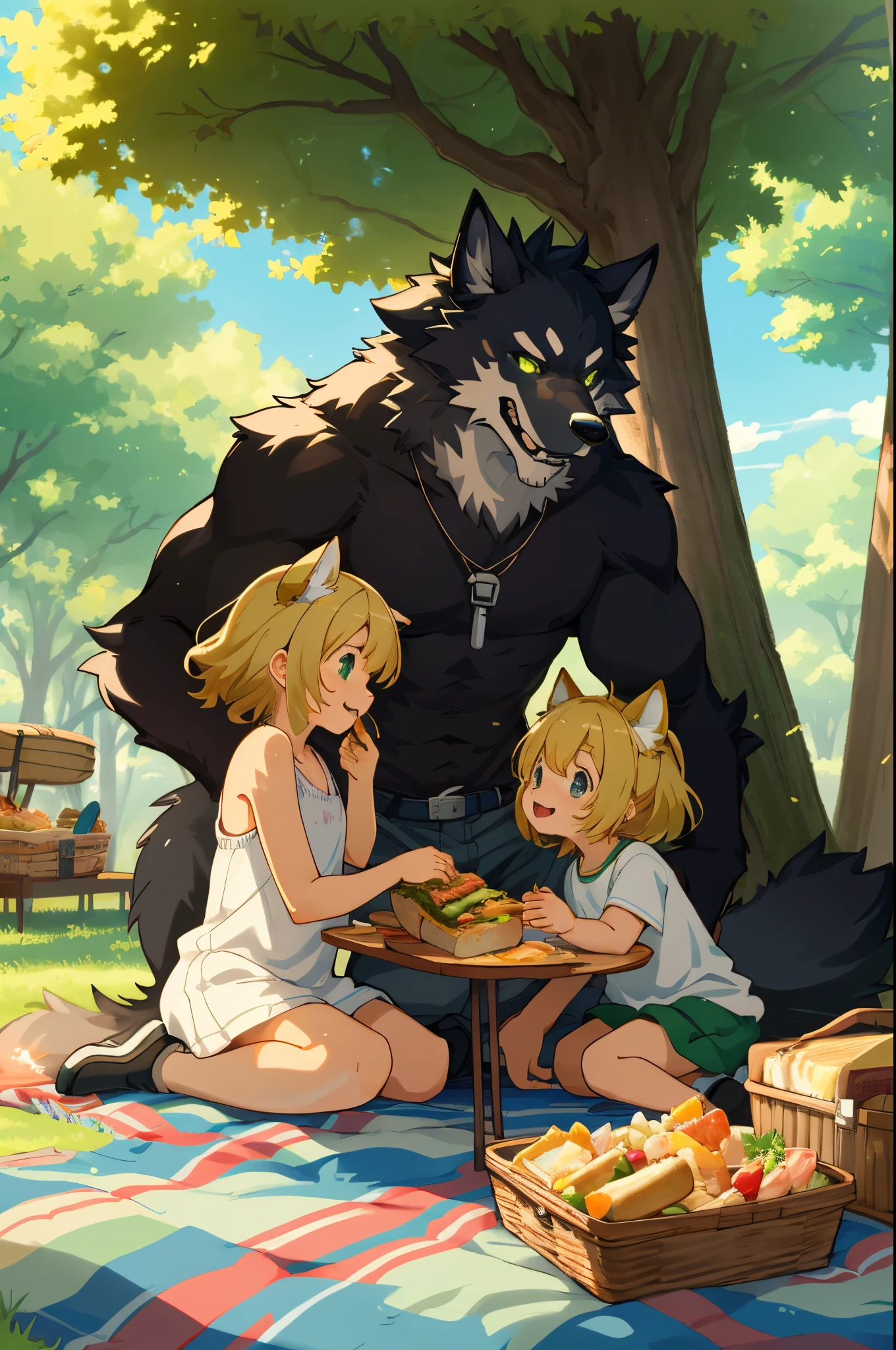 cover page, anime key visual, highres, top quality, best quality, paid reward available, High-quality illustrations, unparalleled masterpiece, perfect artwork, absurdres(heartwarming family picnic scene)(in lush green park)(kemono werewolf family with two parents of diverse descents and a child)perfect anatomy, sitting on a colorful blanket, parents smiling and taking out food from a picnic basket, child reaching for sandwich, cheerful and relaxed atmosphere, bright sunny day, trees in the background, fan-created work shared on platforms Pixiv or Twitter, cinematic lighting, dynamic angle,