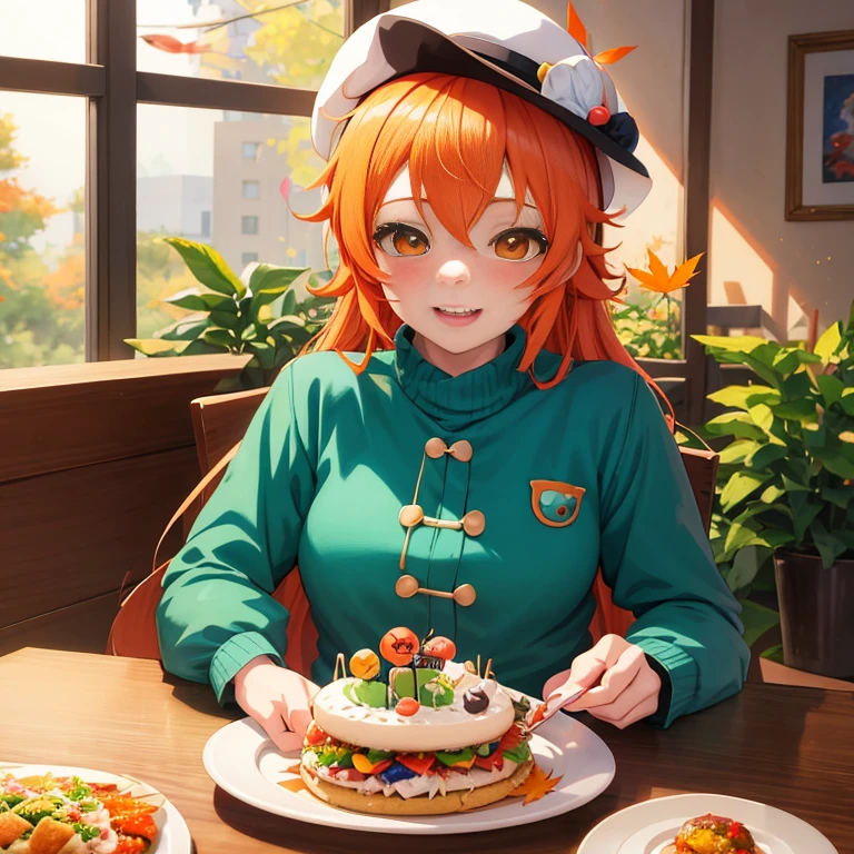 Anime girl with a hat and a plate of food, Anime visuals of cute girls, Rin, high quality portrait, orange - haired anime boy, 🍁 Cute, sayori, Cute anime girl, painted in anime painter studio, beautiful portrait of nami, cozy cafe background, High quality anime art style, Trending on ArtStation pixiv, kawaii realistic portrait