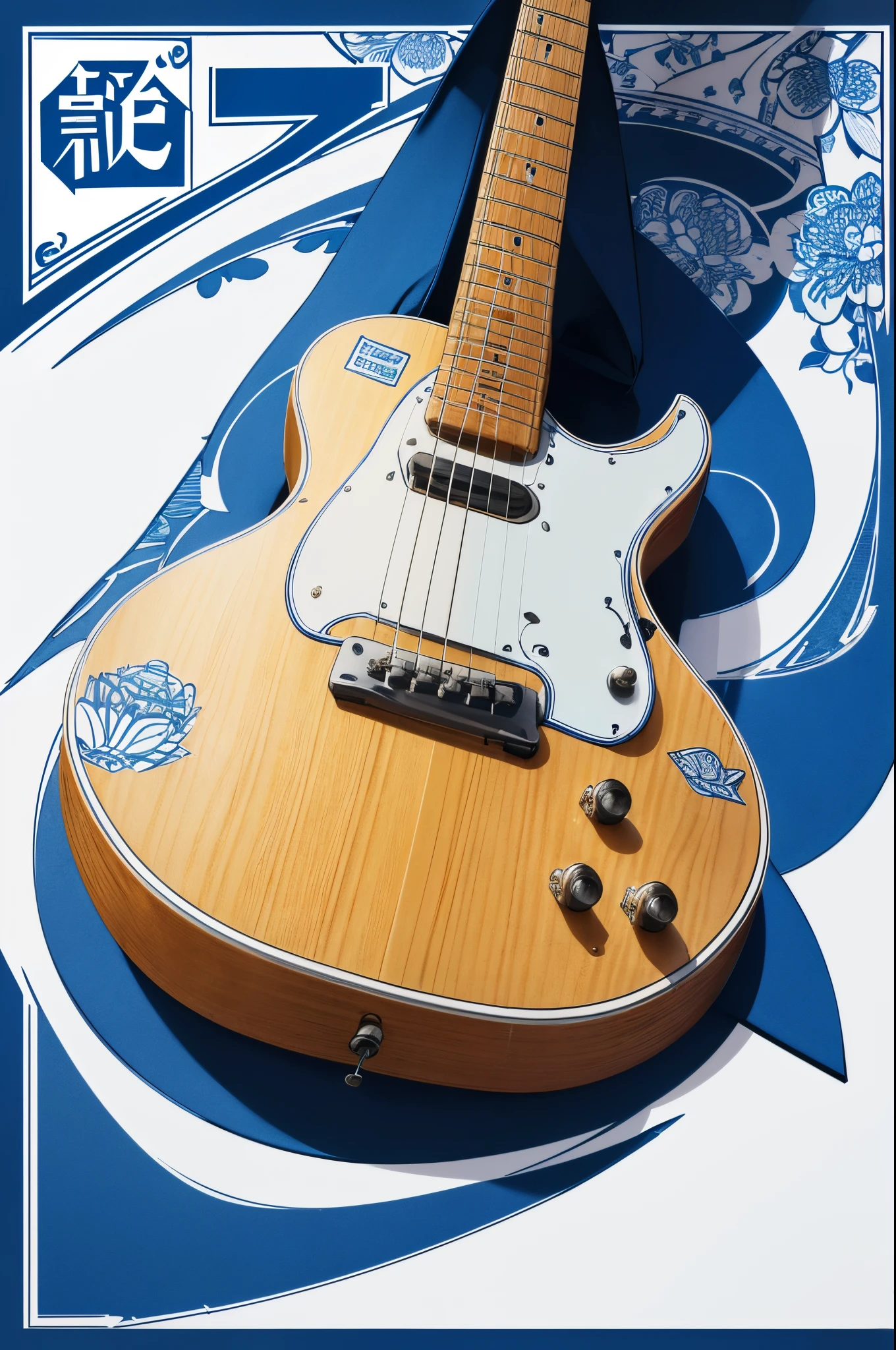(best quality,4K,8K,high resolution,masterpiece:1.2),ultra-detailed,a guitar,Chinese paper cutting style,blue and white,charity poster.