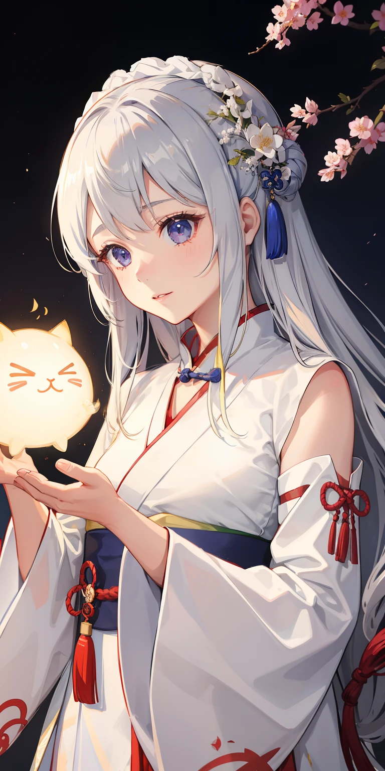 Anime girl with white hair holding a cat in her hand - SeaArt AI
