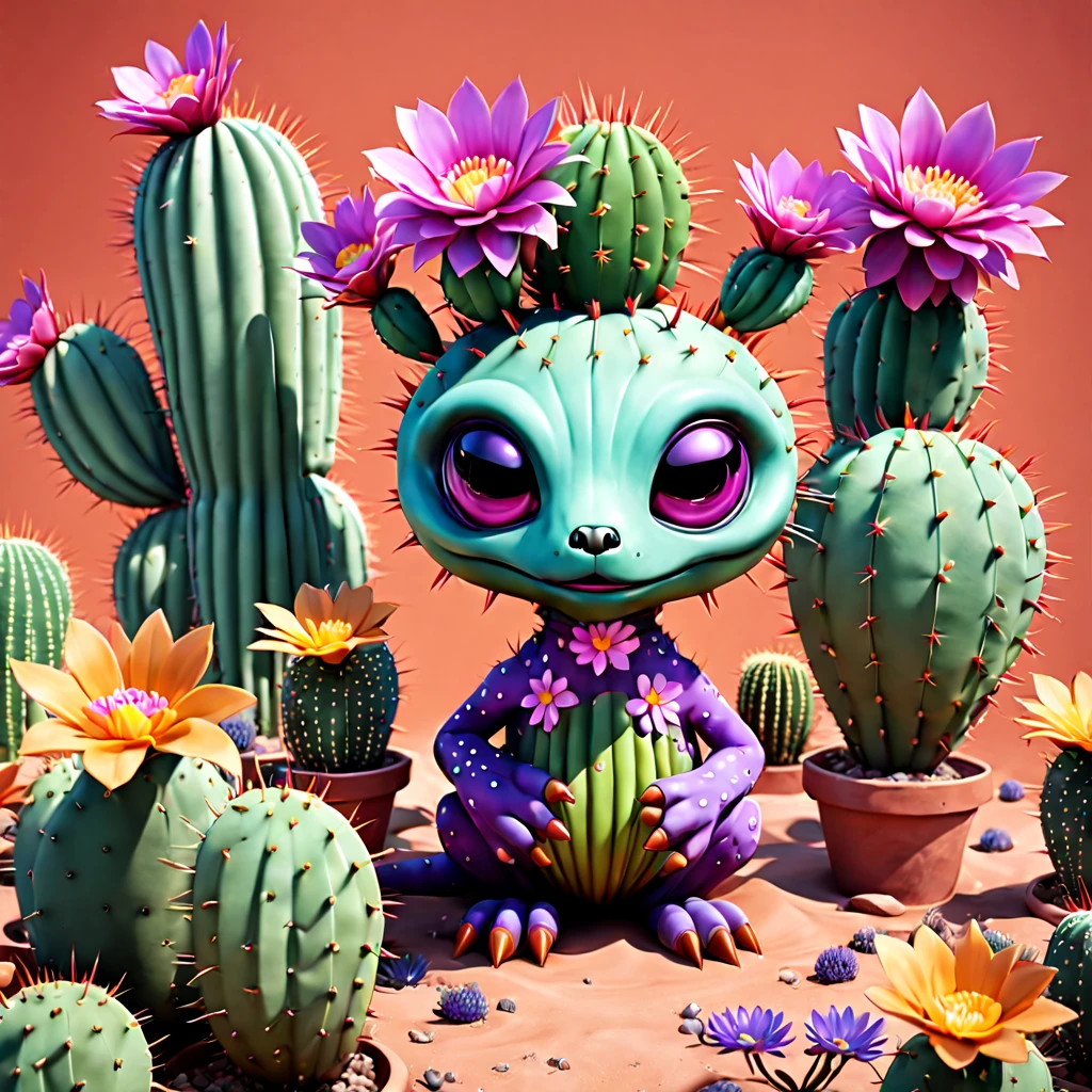 purple alien cactus with flowers, in the style of unreal engine 5, graffiti inspired animals, chiho aoshima, photorealistic detail, terracotta