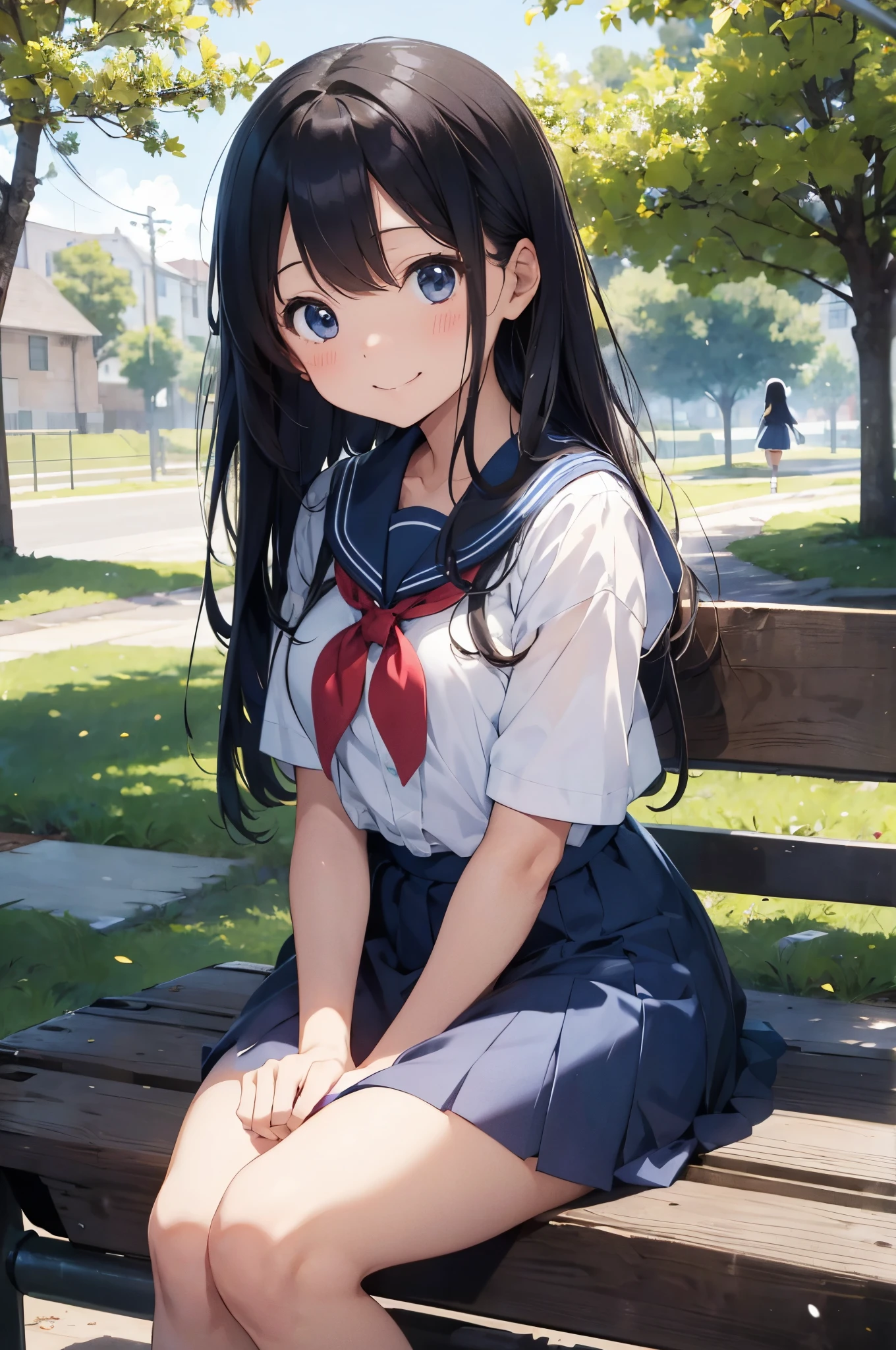 High School Girl、handing over an umbrella、very smiling、Sunny blue sky、Uniform is sailor suit、Plain but cute、Long Black Hair、The illustrations are in the style of romance manga and anime..