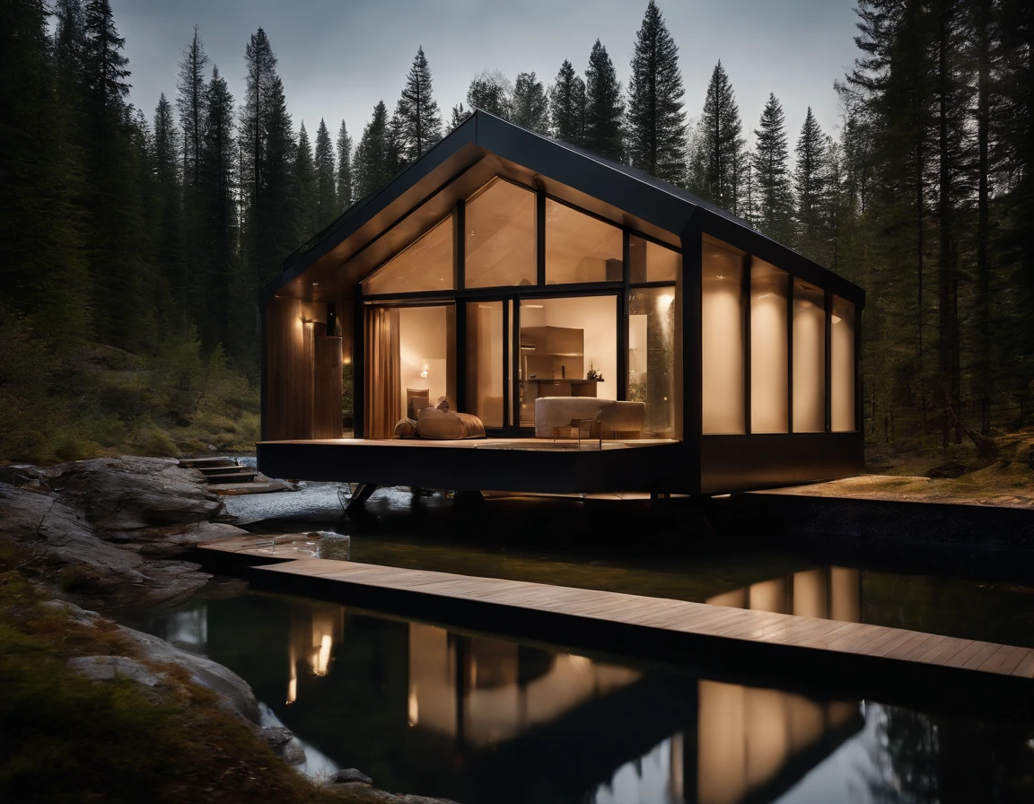Exterior image of a tiny house duplex house in a Scandinavian nature, standing wood panel, avantgarde, waterfall, panorama glass windows, forests, waterfall inside atrium, rocks, futuristic, floating, modern, natural pond of water, inspired by architect, Santiago Calatrava