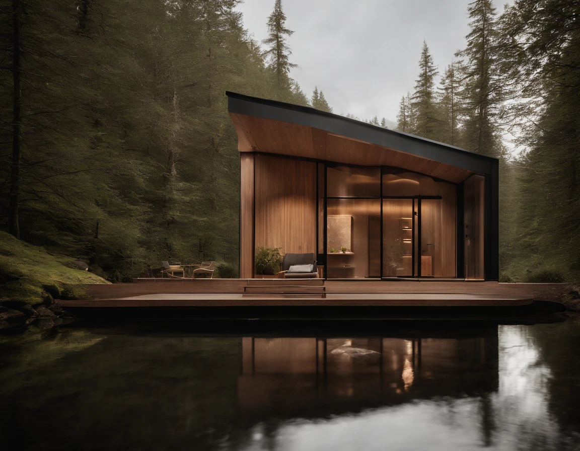 Exterior image of a tiny house duplex house in a Scandinavian nature, standing wood panel, avantgarde, waterfall, panorama glass windows, forests, waterfall inside atrium, rocks, futuristic, floating, modern, natural pond of water, inspired by architect, Santiago Calatrava