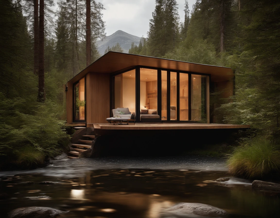 Exterior image of a tiny house duplex house in a Scandinavian nature, standing wood panel, avantgarde, waterfall, panorama glass windows, forests, waterfall inside atrium, rocks, futuristic, floating, modern, natural pond of water, inspired by architect, Santiago Calatrava