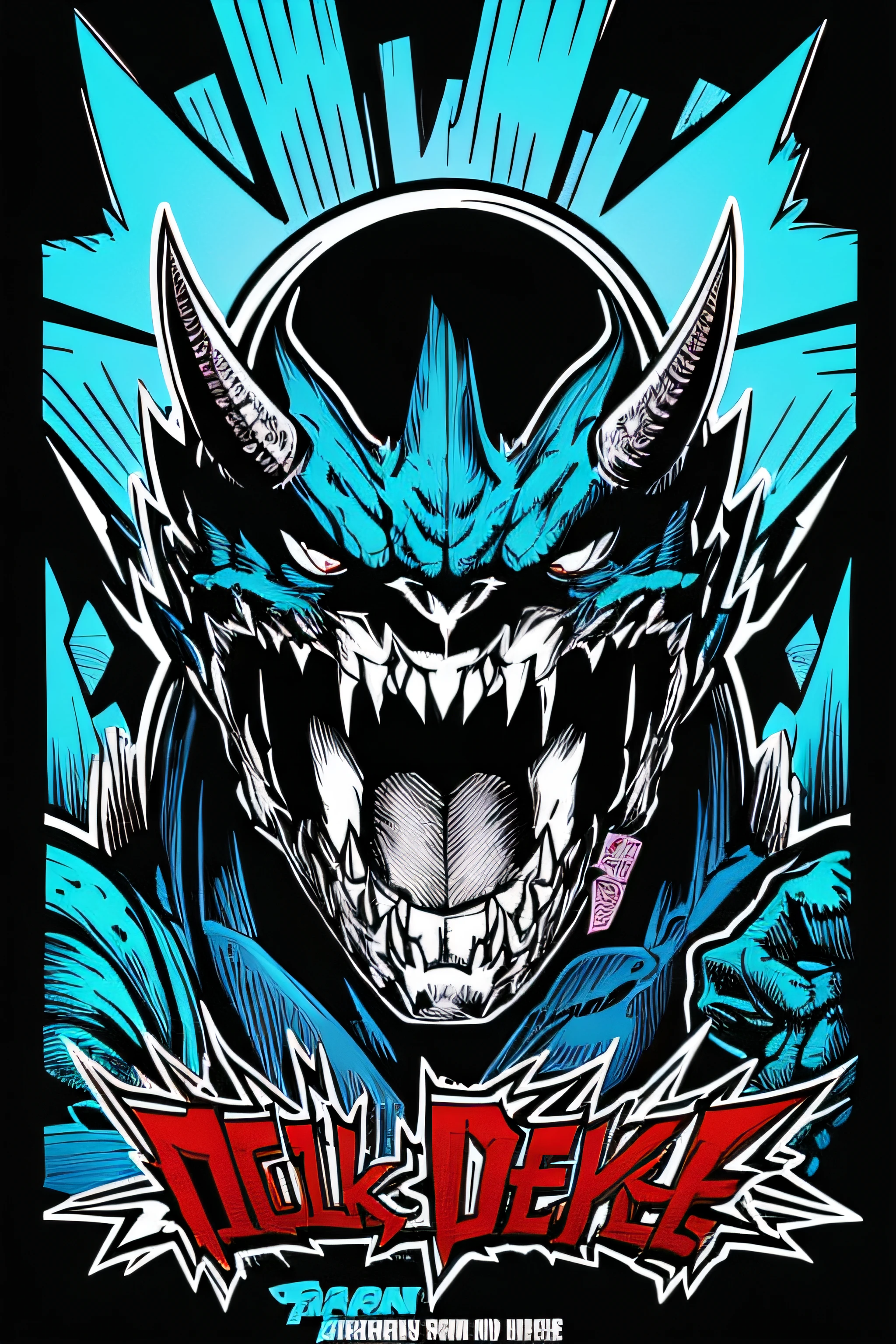 Beautiful Hardcore Illustration homepage illustration style, dark, monster, high resolution, hard touch illustration, strong outline, 8k, American comic style, colorful background, Hiroyuki Nagasaka, aggressive, beautiful front face, hell, black color, battle, Hard illustration, shout face, Small devil, American comic style, thick outline, blue color, small monster,