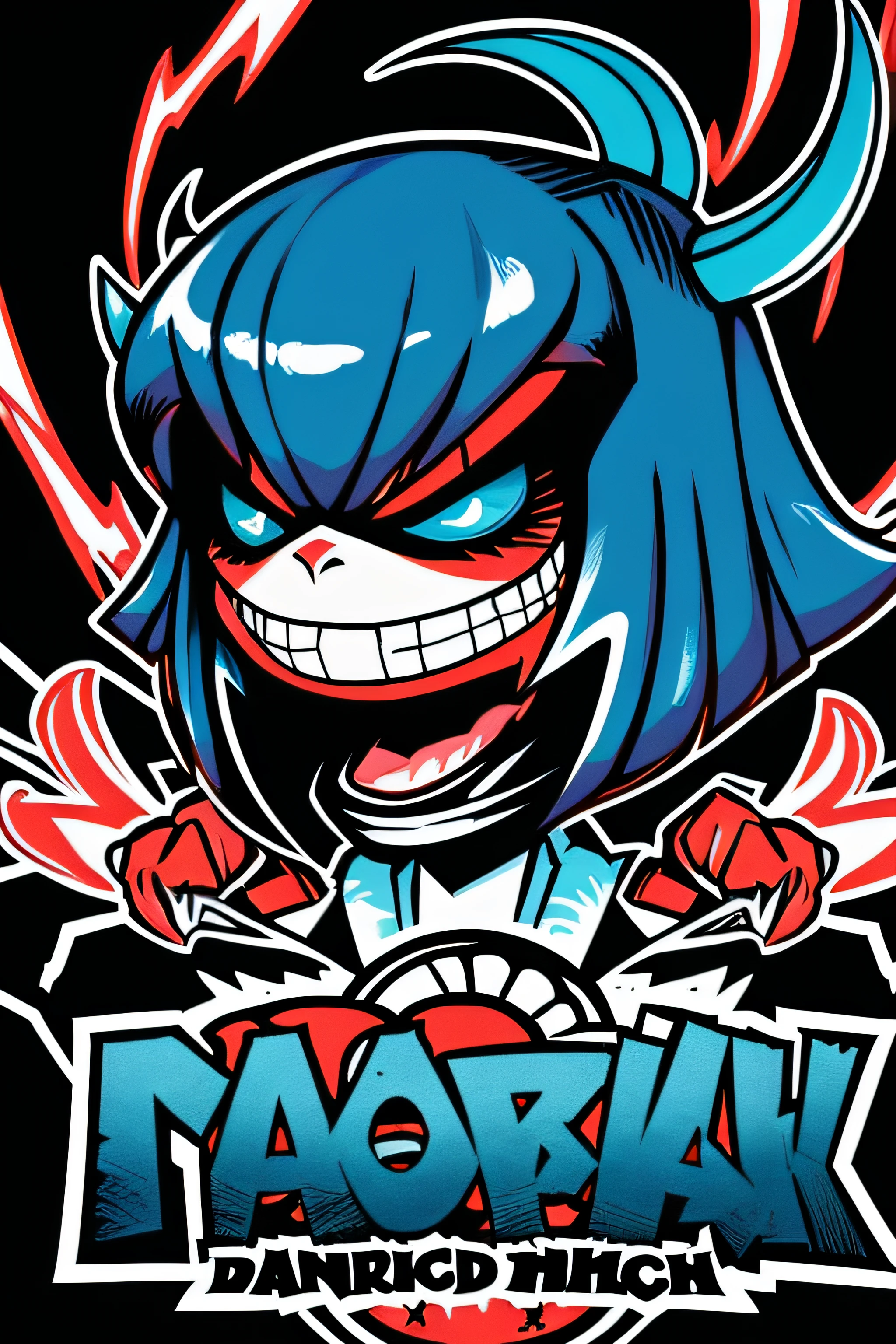 Beautiful Hardcore Illustration homepage illustration style, dark, monster, high resolution, hard touch illustration, strong outline, 8k, American comic style, colorful background, Hiroyuki Nagasaka, aggressive, beautiful front face, hell, black color, battle, Hard illustration, shout face, Small devil, American comic style, thick outline, blue color, small monster,