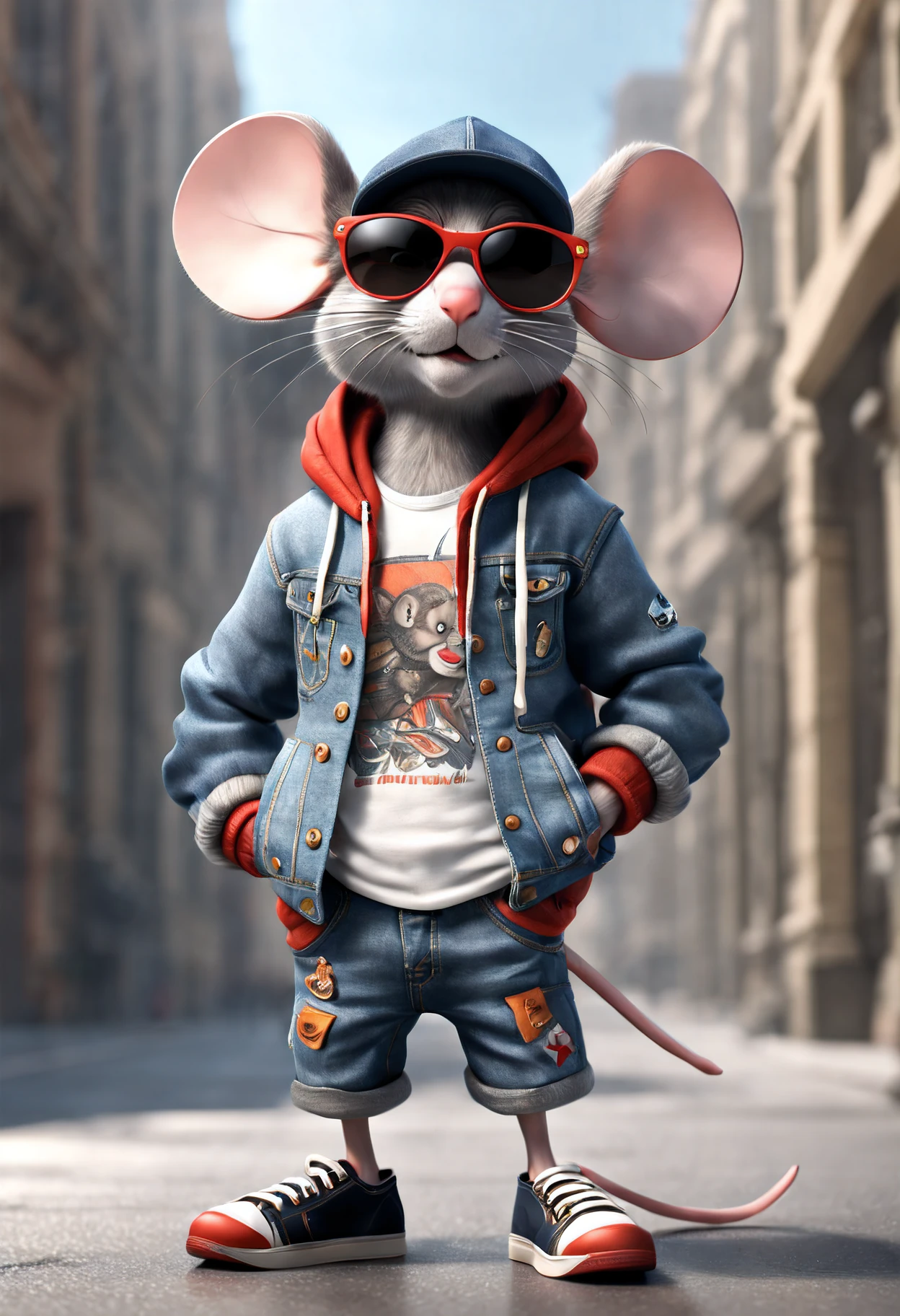 (top-quality,8K,32K,masterpiece,UHD:1.3),ultra high res,(Photorealsitic:1.4)),intricate details, Craft a perfect 3D animation style image featuring a stylish mouse. Picture the mouse wearing a tank top, jacket hoodie, denim pants, cool sunglasses, and footwear. Capture the attitude of this stylish character, with its hands casually tucked inside pant pockets. Encourage artists to bring the perfect blend of style and animation to life in a visually striking composition that showcases the character's cool and fashionable persona.