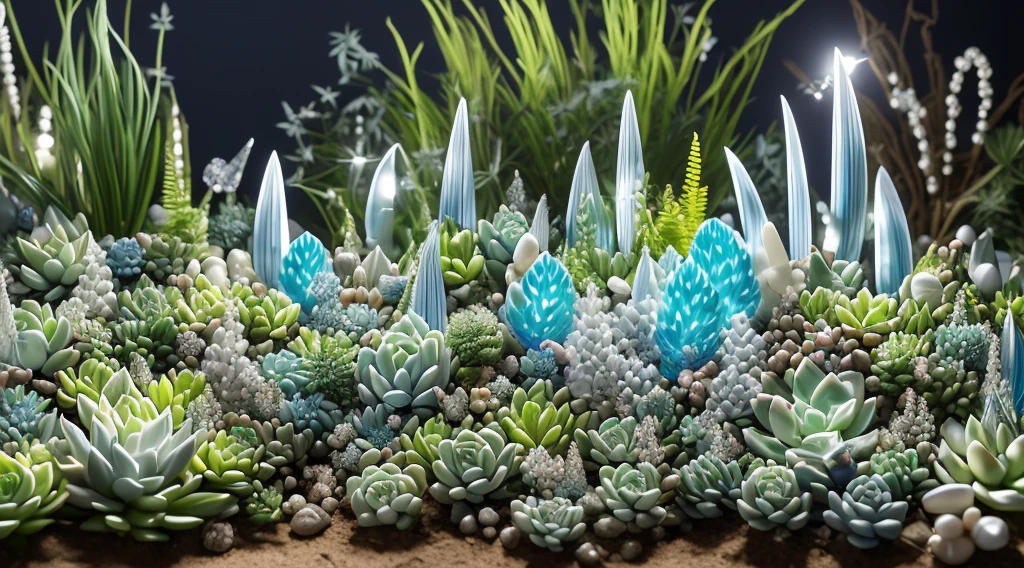 (tmasterpiece, Best quality at best, ultra - detailed),crystal,light blue white,moon rabbit ears,Thousand rabbit ears,Pearl Chlorophytum,prayer beads,Succulents,succulent forest,Super refined,ultra - detailed,vivaciousness,with dynamism,with dynamism,glowing plants