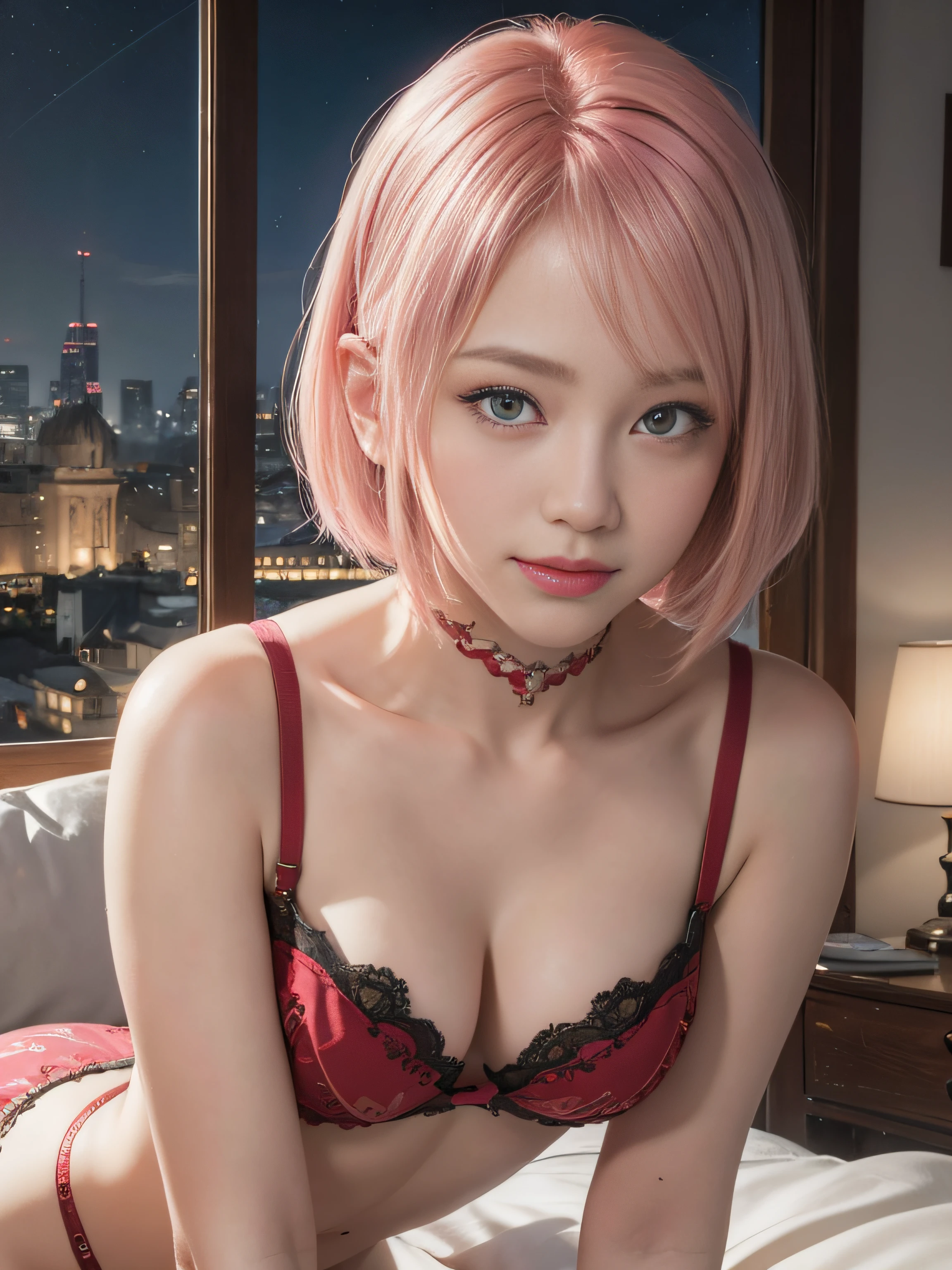 masterpiece, best quality, (realistic, photo-realistic:1.4), (RAW photo:1.2), extremely detailed CG unity 8k wallpaper, delicate and beautiful, amazing, finely detail, official art, absurdres, incredibly absurdres, huge filesize, ultra-detailed, extremely detailed, extremely detailed girl, extremely detailed eyes and face, light on face,,little smile,pink hair,green eyes,short hair,window,bedroom