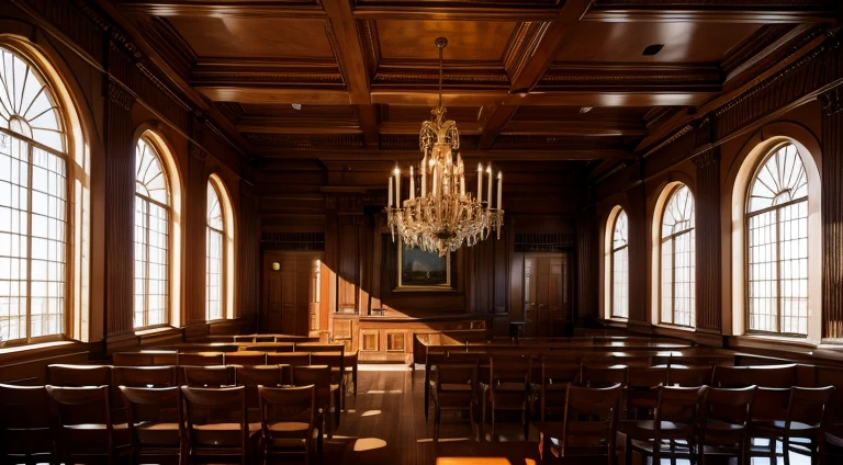 Inside an American courthouse in the last century,Majestic and majestic,See the real scene from a single point of view,Modeling rendering