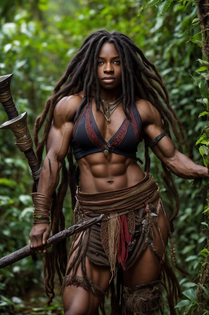 (best quality,4k,8k,highres,masterpiece:1.2),ultra-detailed,(realistic,photorealistic,photo-realistic:1.37),African female warrior with long braided hair, unclad, tied with chain, shaved left side of head, intense gaze, muscular physique,strong facial features,dark skin,warrior pose,chainmail armor,dusty battlefield, intense lighting, epic battle ambiance, fierce expression, warrior scars,vivid colors,bokeh