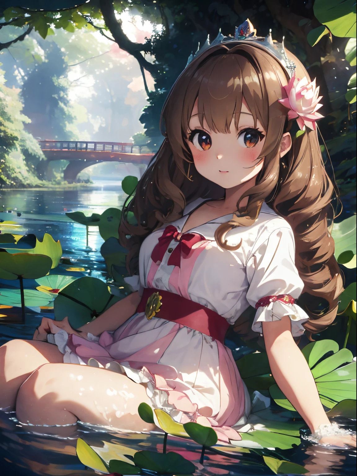 Beautiful river and big lotus leaves in the forest,lotus leaf boat,A girl is riding on a lotus leaf boat。。,Princess Oyayubi,fluffy voluminous hair,Pretty Princess,lightbrown hair,fluffy pink, white and red princess dress,Slight red tide,Kamimei,frog is swimming in the water,little fairy flying around,Sparkling water surface and light