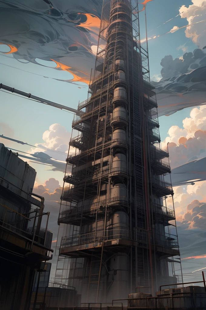 a very creepy looking tower with lots of tubes and pipes all over the place, no humans, sky, cloud, scenery, cable, industrial pipe