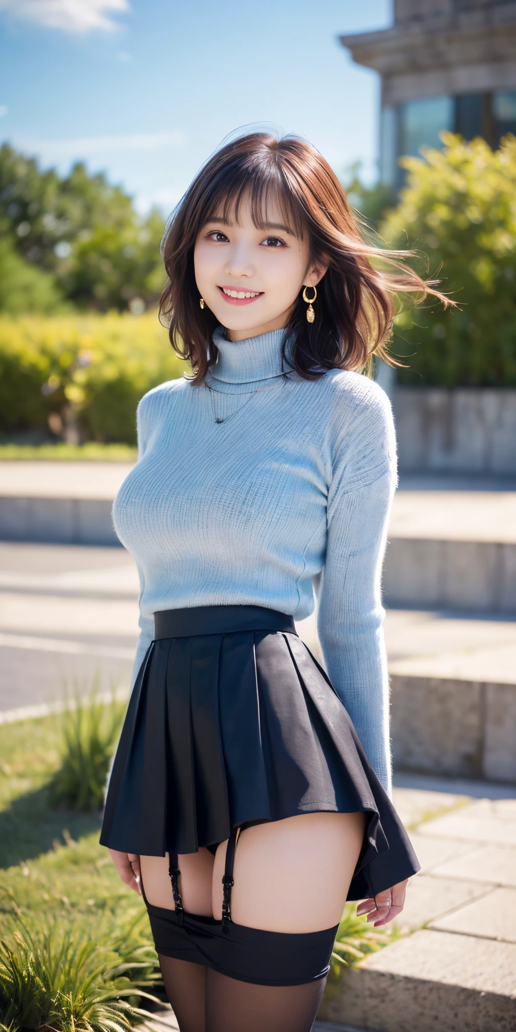 Female, 20 years old, short black wavy hair、bangss、Puffy nipple、(White Turtleneck Knit)、(Blue long skirt), Black stockings、Medium milk, cute smile face、((Poses that emphasize the buttocks、turned around))、sexy hips、Black High Heels、Big necklace、((((the wind blew my skirt, expose my panties...))))、(Light blue lace panties)、Cute earrings、(Tilt your head slightly)