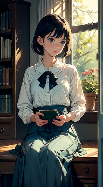 (Watercolor in Sargent style)、(top-quality、high-level image quality、masterpiece)、(David Hamilton Style)、(softfocus)、Cinema Angle、ciinematic light、Soft light、(British traditional public school)、1girl in、17 age、A stunning、Short black hair、Crisp face、(detailed face depiction)、small tits、((tiny chest))、((classic one-piece uniform))、(((long skirt)))、((Avoid exposing thighs and knees))、(atlibrary)、(bookshelf)、Holding a book、((Perfect hands))、beautiful setting、serene ambiance、Calm expression、Quiet moments、Vintage atmosphere、Immerse yourself in reading、bookworm、Thoughtful gaze、Classic elegance、A quiet retreat、Fascinating beauty、Sophisticated clothing、Majestic bookcase、Traditional atmosphere、Lush green environment、window、Side table、Flowers on the windowsill、Botanical Garden、Flower Shop、The table、florals、houseplant、 The tree,