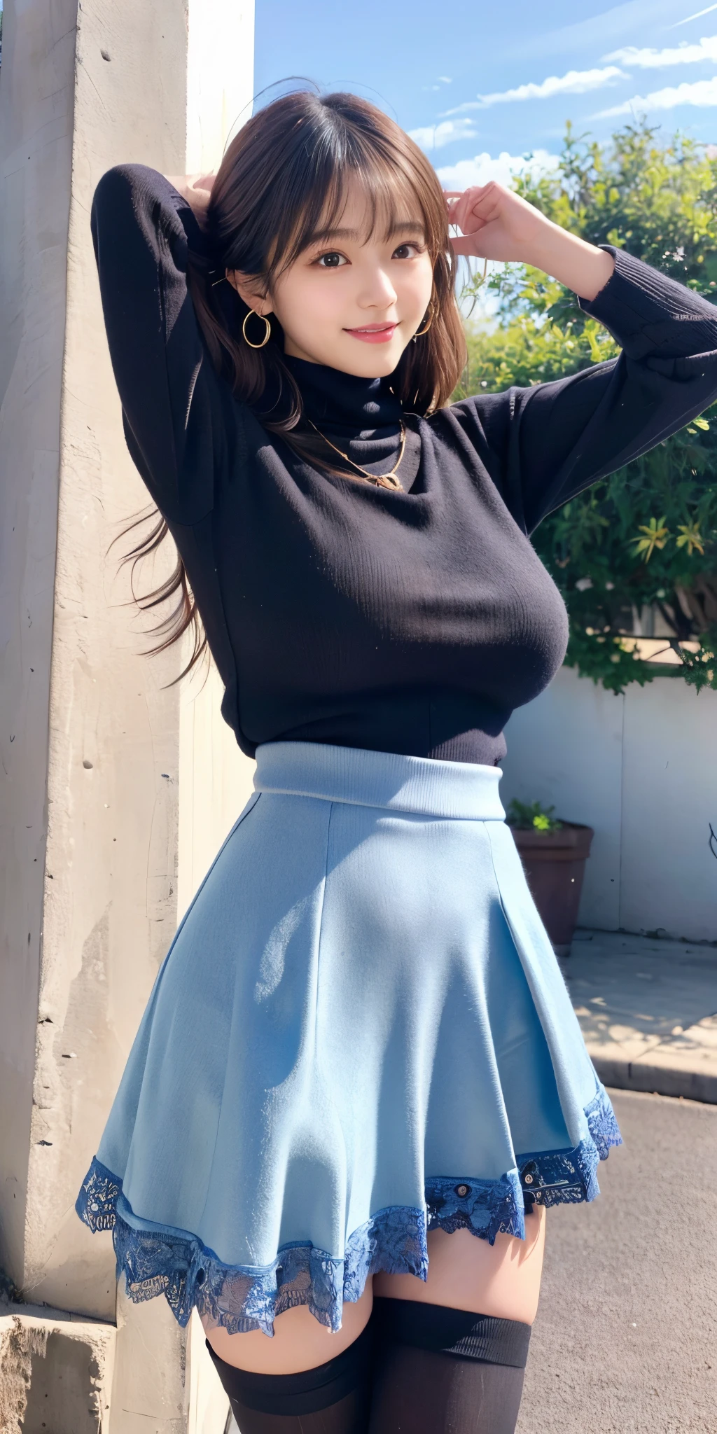 woman, 20 years old, Black wavy short hair、Bangs、Swollen nipples、(White turtleneck sweater)、(Blue long skirt), Black , Cute smiling face、((Posture that emphasizes the hips、Turn around))、Sexy buttocks、Black high heels、Big necklace、((((The wind blew my skirt, show my panties...))))、(Light blue lace)、Cute earrings、(Tilt your head slightly)