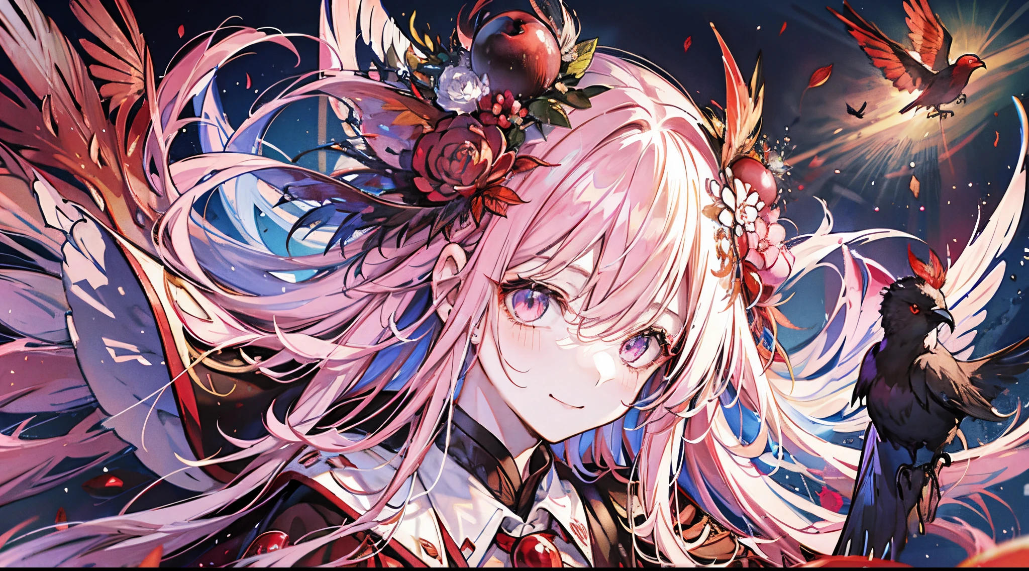 ((tmasterpiece:1.4,Best quality))+,(hyper-detailing)+,(Ultra-detailed eyes)+,(winged ears:1.5),
(cute girls),15year old,(Crimson pupils:1.15),Long dark blond hair,long braid,Bushy hair(wariza:1.2),pale-skinned,seduct smile,red rhombus crystal,red bird feathers,vacant eyes,Black lips,Lift your head and drink water
(She wears conservative red and yellow clothes,Green pattern,:1.5),(Dead Leaf Cloak:1.4)The sleeves are long,Red bird feather headdress,baiyun,A sea of red leaves and rice,Dream bubbles,black fingernails,red leaf crown,red apple,Red Lotus,leather pant,Purple grapes,Whole body diagram
(bird feathers:1.1),
(dawn light:1.2),
(Thick black and white:1.16),(depth of fields:1.4),,Complicated details,