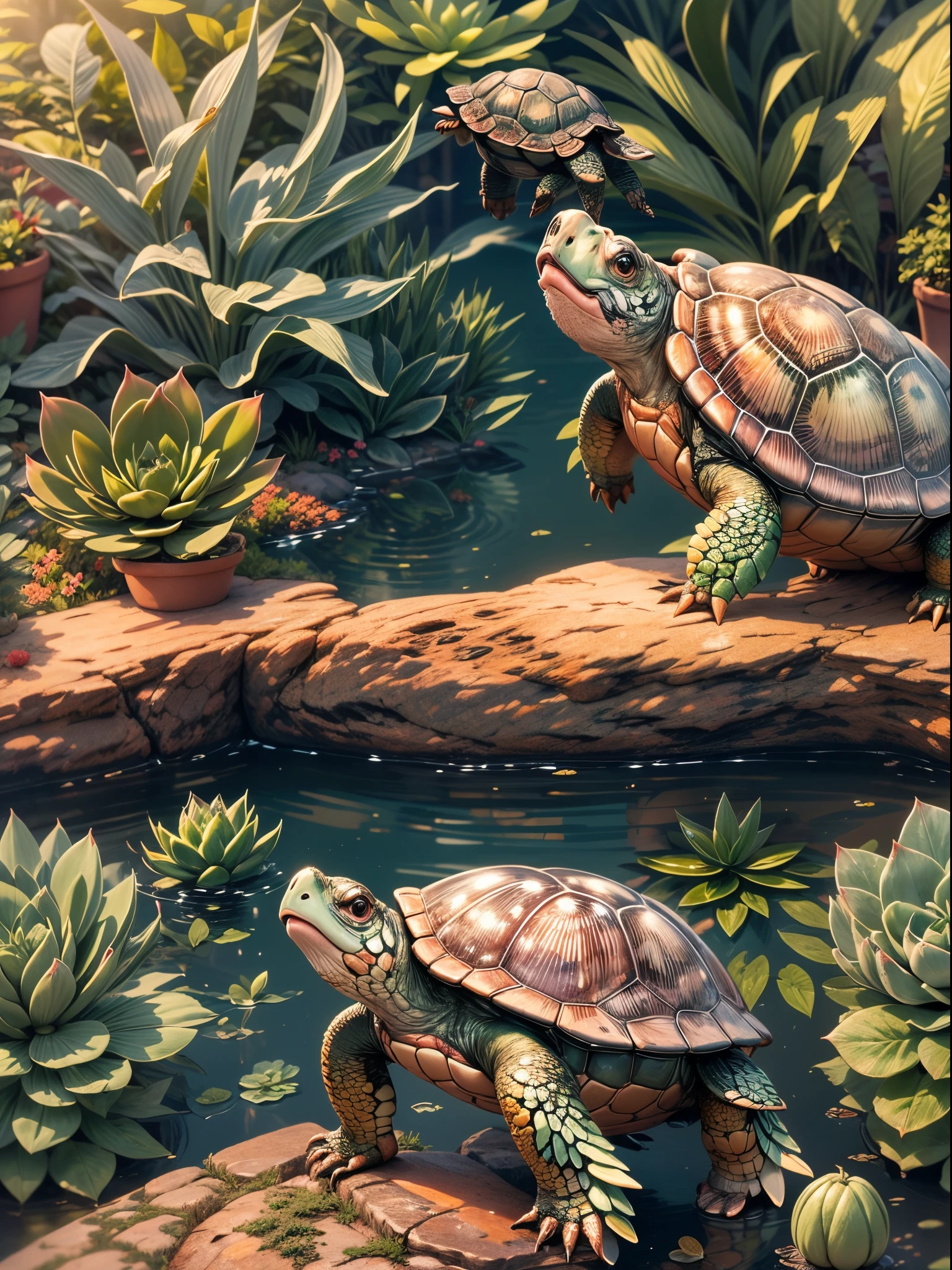 best quality,highres,ultra-detailed,cute turtle carrying out a succulent plants image,Succulent plants,green leaves,rounded shape,thick stems,variety of textures and colors,hairy surface,detailed patterns,grow in a pot,small size,plenty of sunlight,bright and vibrant colors,delicate and intricate details,soft and smooth texture,lush and healthy appearance,nurturing and caring environment,sturdy and strong turtle shell,adorable and friendly expression,curious and playful behavior,moving with agility and grace,harmonious combination of nature and animal,sharp focus on the turtle and plants,realistic depiction of the succulent plants,impressive rendering of the turtle's shell,artistic portrayal with vivid colors,perfect balance of light and shadow,studio lighting highlighting the main subject,enhanced depth of field creating a three-dimensional effect,exquisite attention to detail,expressive emotions captured in the turtle's eyes,artistic interpretation of nature's harmony.