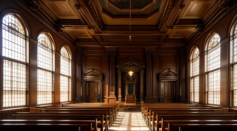 Interior view of an American courthouse in the last century，Holy and solemn，One point perspective real scene，Modeling rendering，Scenes without characters