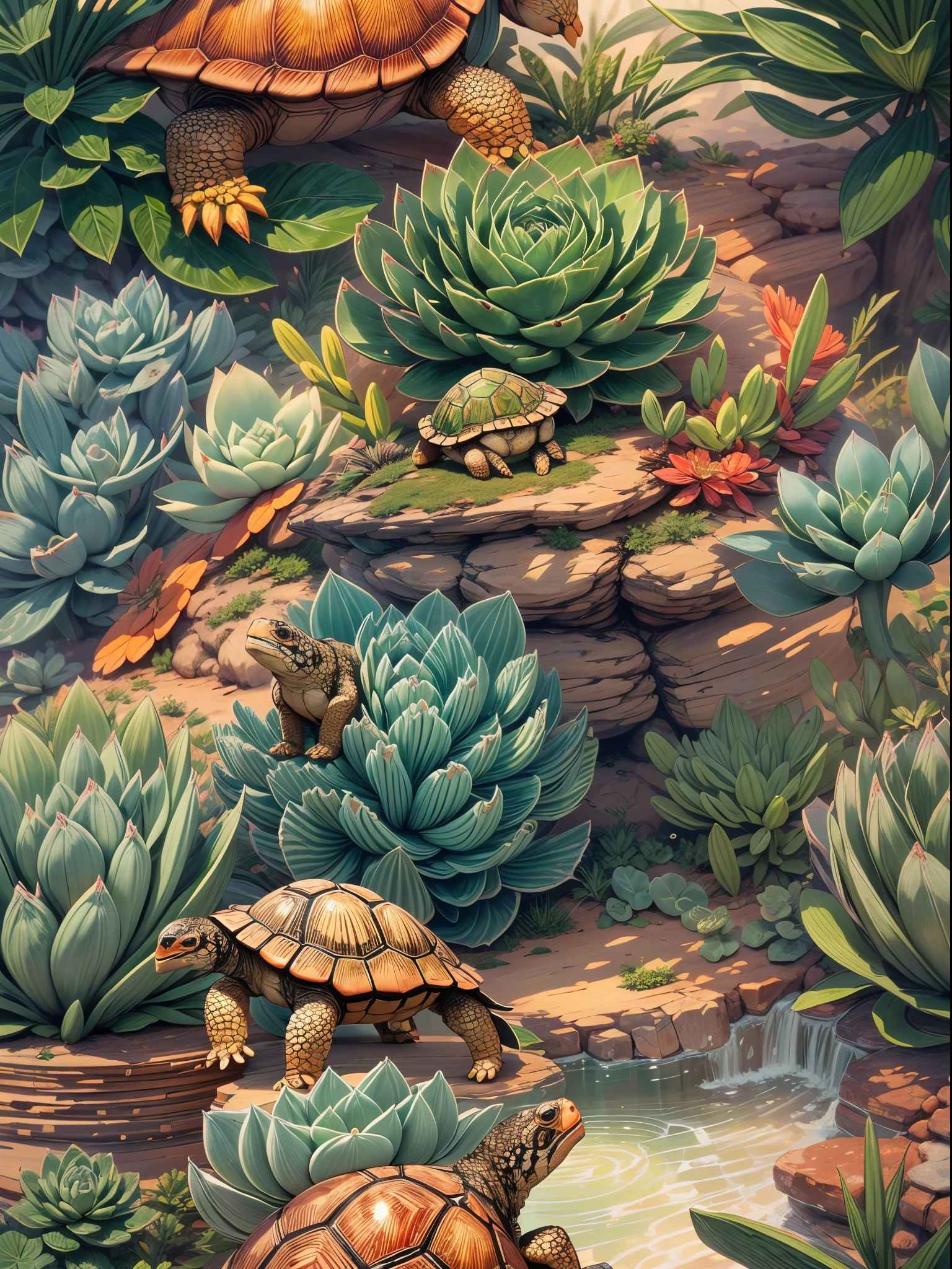 best quality,highres,ultra-detailed,cute turtle carrying out a succulent plants image,Succulent plants,green leaves,rounded shape,thick stems,variety of textures and colors,hairy surface,detailed patterns,grow in a pot,small size,plenty of sunlight,bright and vibrant colors,delicate and intricate details,soft and smooth texture,lush and healthy appearance,nurturing and caring environment,sturdy and strong turtle shell,adorable and friendly expression,curious and playful behavior,moving with agility and grace,harmonious combination of nature and animal,sharp focus on the turtle and plants,realistic depiction of the succulent plants,impressive rendering of the turtle's shell,artistic portrayal with vivid colors,perfect balance of light and shadow,studio lighting highlighting the main subject,enhanced depth of field creating a three-dimensional effect,exquisite attention to detail,expressive emotions captured in the turtle's eyes,artistic interpretation of nature's harmony.