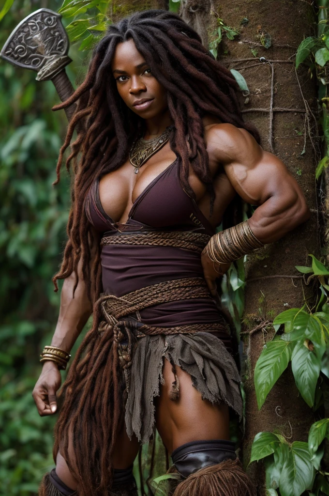 Art style by Alex Horley, realita, short dwarf bodybuilder woman, dark skin, wild boar gigante pet with long red dreadlock hair, wearing rustic fabric vine leaves, wielding rustic hammer, faced in combat, Amazon rainforest backdrop, ultra HD definition images of 8k.