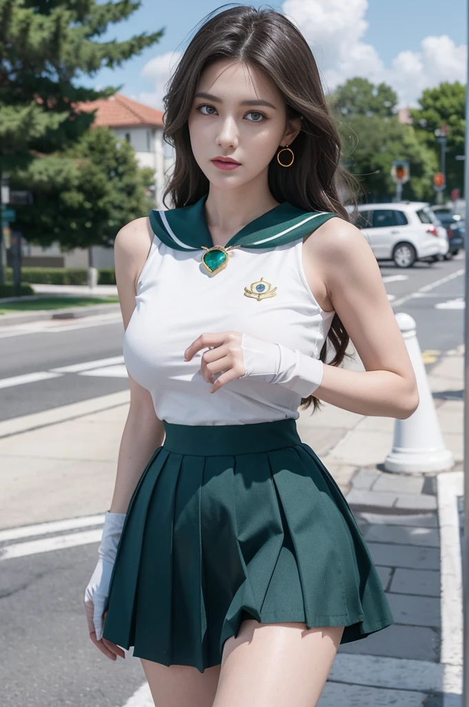 （8K，RAW photos），（Best quality at best），（tmasterpiece），（realistically，）（realism vs. realism），（A high resolution），hyper-detailing，（Endless realism：1.1），beauitful face， （1female：1.1）， 1个Giant Breast Girl， Sailor Neptune， （sailor warrior uniform：1.2）， （Water-colored eyes：0.9）， Dark green hair， Medium hair， Wedge skirt， best quality， ear nipple ring， tmasterpiece， A high resolution， Complicated details， （actual））， photography， （White elbow gloves：1.1）， jewely， mediuml breasts， Full body lesbian， Dynamic background， dynamicposes，