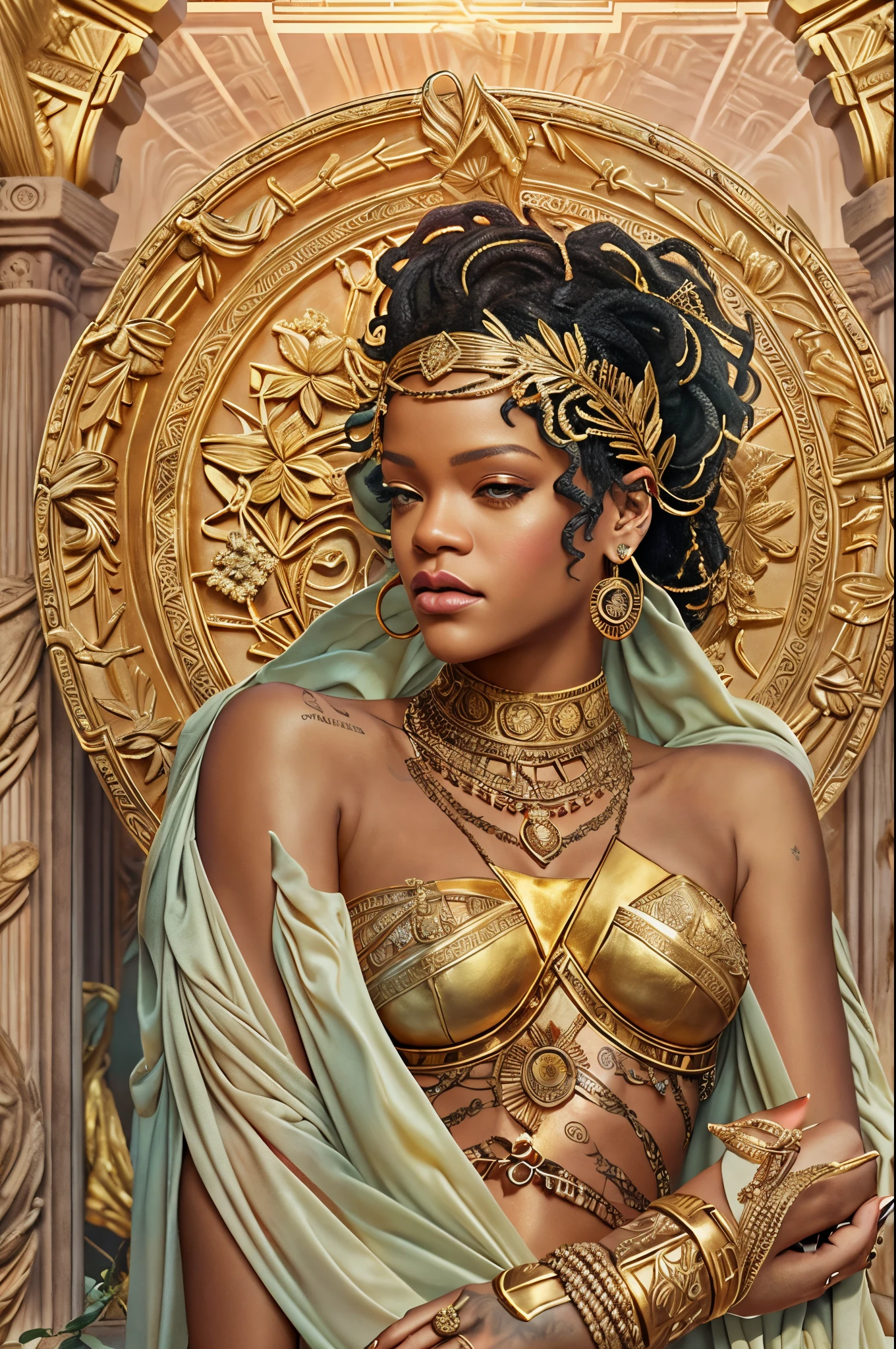 "Imagine an AI-generated artwork that transforms Rihanna into a majestic Greek goddess. Picture her draped in ethereal robes that cascade like ancient Grecian garments. Adorn her with divine accessories, such as a laurel wreath or intricate jewelry, reflecting both elegance and power. Set her against a celestial backdrop with soft, golden lighting, evoking the ambiance of Mount Olympus. Infuse the image with an air of regality and mystique, capturing Rihanna embodying the essence of a modern-day goddess from ancient Greek mythology. The final artwork should be a harmonious blend of contemporary allure and classical divinity, paying homage to Rihanna's iconic presence and cultural influence."
