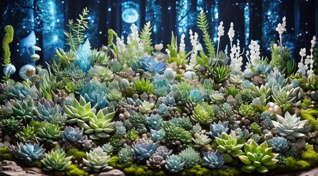 (tmasterpiece, Best quality, ultra - detailed),crystal，light blue white，moon rabbit ears，Thousands of rabbit ears，Pearl Chlorophytum，prayer beads，Succulents，succulent forest，Super refined，ultra - detailed，vivaciousness，with dynamism，with dynamism，glowing plants。fantasy scene，Super dreamy