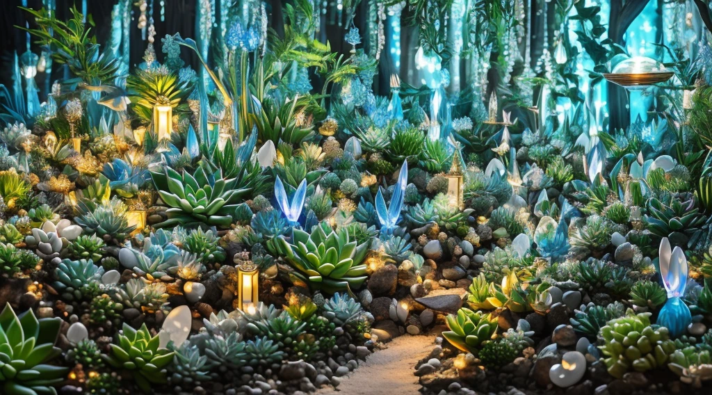 (tmasterpiece, Best quality, ultra - detailed),crystal,light blue white,moon rabbit ears,Thousands of rabbit ears,Pearl Chlorophytum,prayer beads,Succulents,succulent forest,Super refined,ultra - detailed,vivaciousness,with dynamism,with dynamism,glowing plants。fantasy scene,Super dreamy
