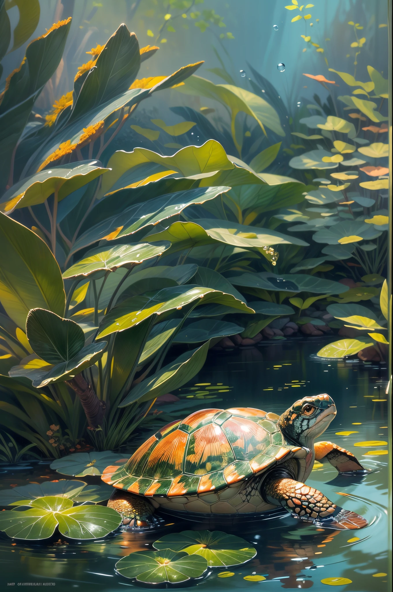 (best quality,4k,8k,highres,masterpiece:1.2),ultra-detailed,(realistic,photorealistic,photo-realistic:1.37),oil painting,aquatic turtle,playing inside a succulent plant pond,lush greenery,serene ambiance,colorful koi fish swimming around,reflection of the turtle on the water surface,gentle ripples on the pond,soft sunlight filtering through the foliage,meticulously painted turtle shell and skin texture,delicate water droplets on the turtle's body,aquatic plants floating on the water,fine brush strokes,rich contrasting colors,texture of the succulents,peaceful and tranquil scene,naturalistic lighting,meticulously portrayed details,harmonious composition,turtle's graceful movements,evoking a soothing and serene feeling.