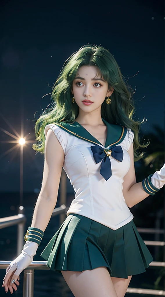 close-up, 1girl, sailor neptune, (sailor senshi uniform:1.2), (aqua eyes:0.9), dark green hair, medium hair, plead skirt, best quality, earrings, masterpiece, high resolution, intricate details, (( realistic )), photographic, (white elbow gloves:1.1), jewelry, Medium breast, full body, Dynamic background, dynamic posture,