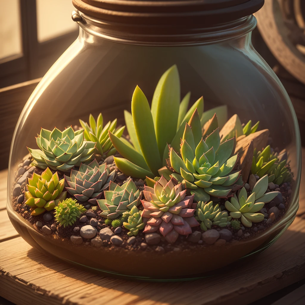 (succulents,A succulent in a glass bottle,many color),rich details,Cinematic lighting, tmasterpiece,Best Picture Quality