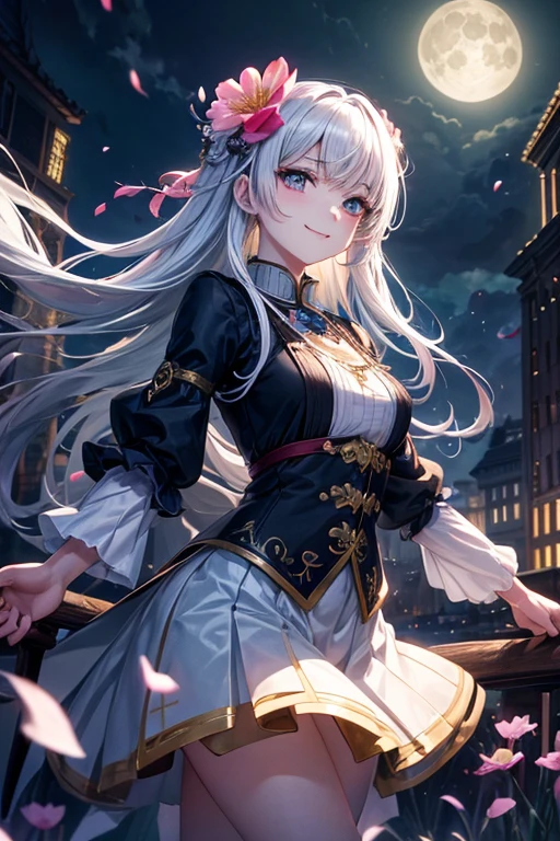 masutepiece, Best Quality,, 1girl in, (Colorful),(finely detailed beautiful eyes and detailed face),Cinematic lighting,bustshot,the Extremely Detailed CG Unity 8K Wallpapers,White hair,Solo,Smile,intricate skirt,((flying petal)),(Flowery meadow), skyporn, cloudy_skyporn, building, Moonlight, Moon, Night, (Dark theme:1.3), light, Fantasy,