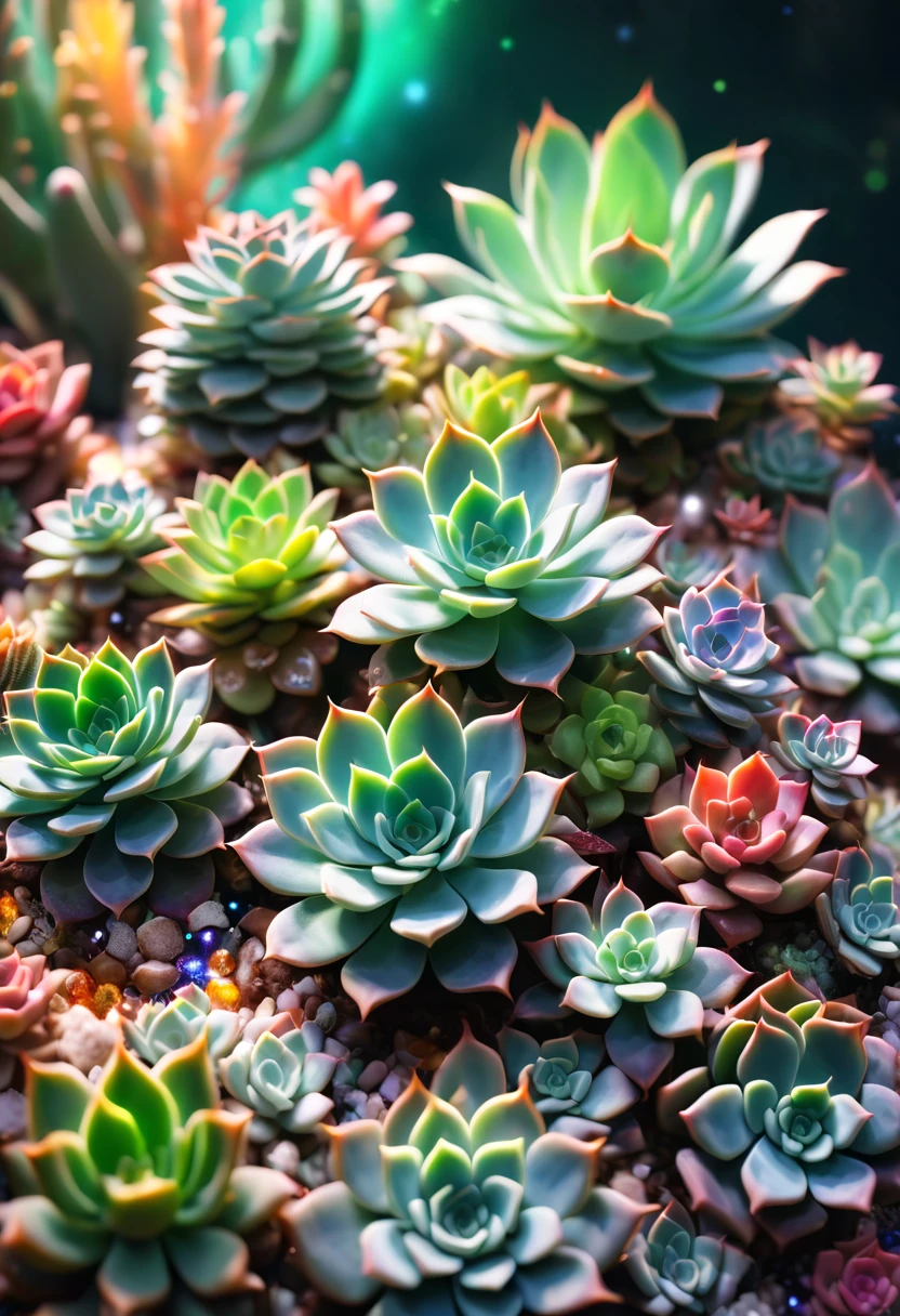 crystals fantasy,Close-up of succulents,Many colors,toes up,Countless sparkling feathers flutter in the air, like a dream, galactic, cleanness, shallowdepthoffield, jade background blur, Sparkling, Sparkling, Amazing cleavage, Colorful, magical photography,dramatic lights,photo-realism,hyper-detailing,4K,degrees of freedom,A high resolution