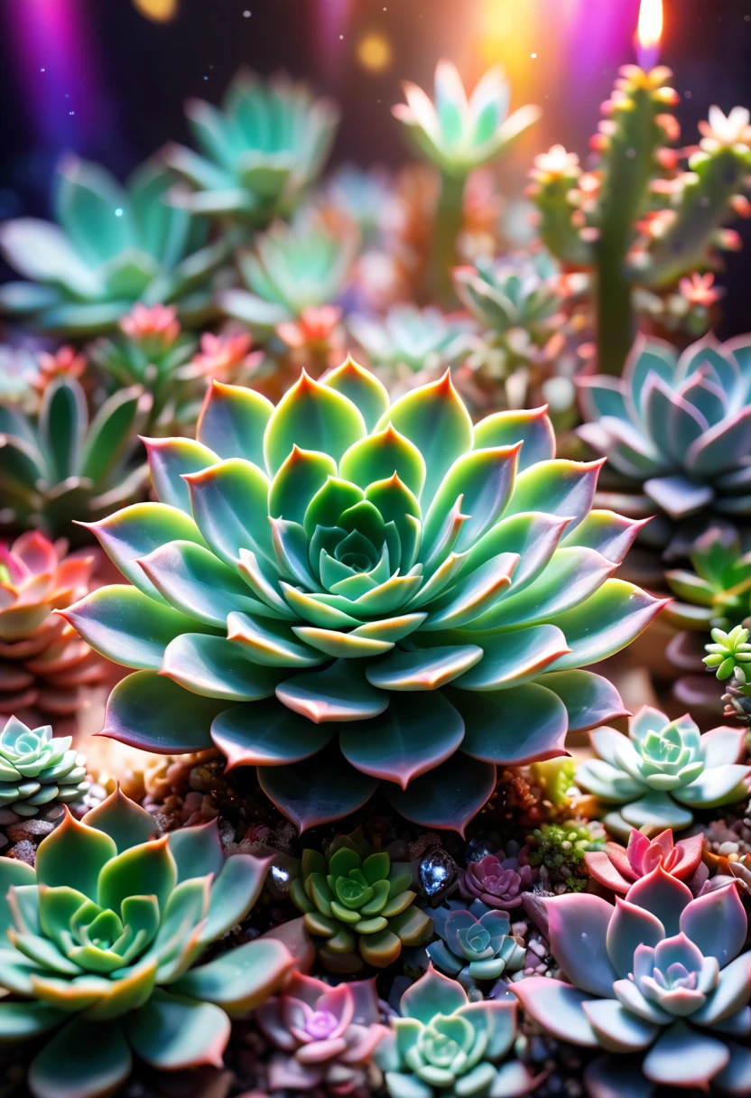 crystals fantasy，Close-up of succulents，Many colors，toes up，Countless sparkling feathers flutter in the air， like a dream， galactic， cleanness， shallowdepthoffield， jade background blur， Sparkling， Sparkling， Amazing cleavage， Colorful， magical photography，dramatic lights，photo-realism，hyper-detailing，4K，degrees of freedom，A high resolution
