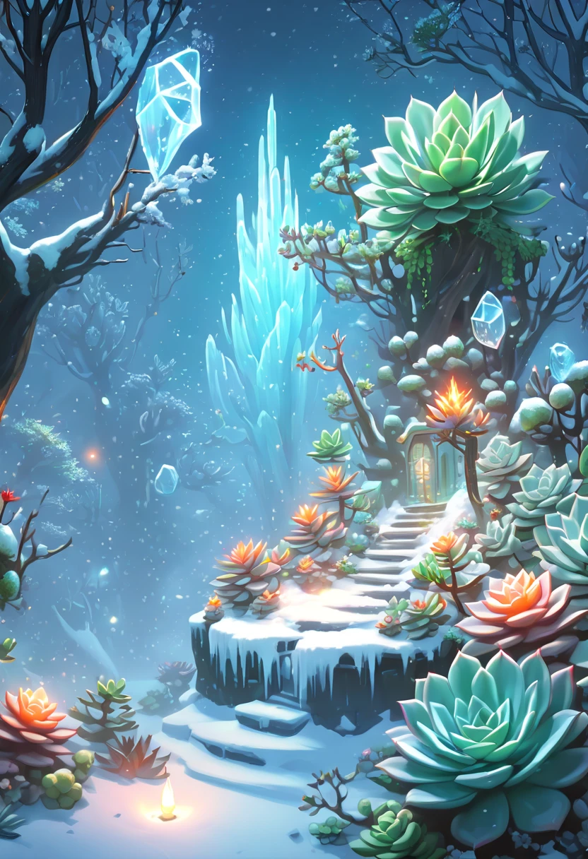 tmasterpiece,Best quality at best,high high quality,The content is very detailed,8K,(Close-up of succulents:1.5),Fantastic snow and ice jungle,ice witch,Colorful ice magic,Glowing Elves,Natural elements in the forest theme,Colorful snow and ice jungle,Epic fantasy art style,Delicate leaves and branches are surrounded by fireflies(nature elements),(Jungle theme),(leafs),(tree branch),(glowworm),(particle effect)and other 3D, Octagon rendering,Ray traching,Super meticulous,Depicting the harmony between man and nature