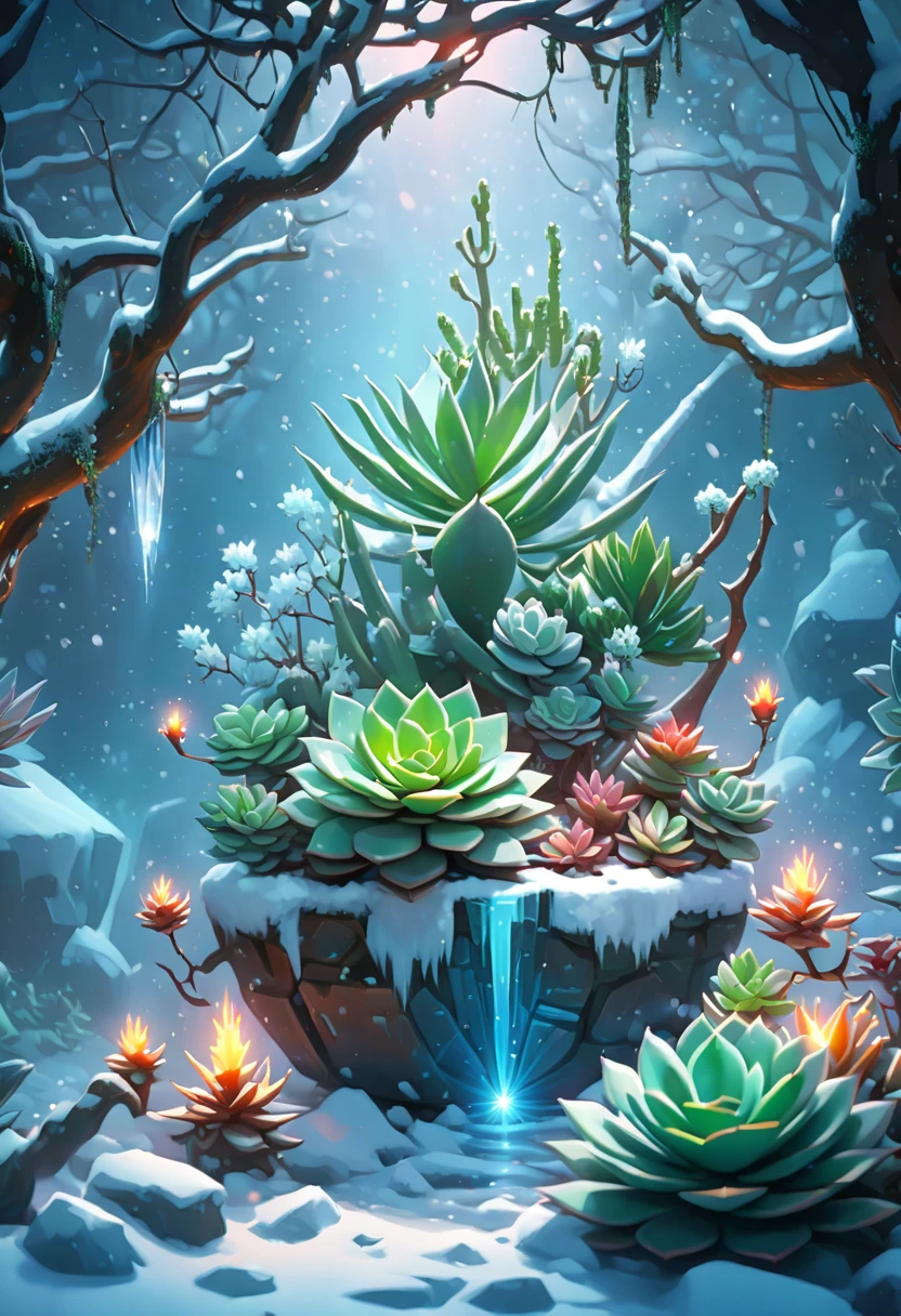 tmasterpiece,Best quality at best,high high quality,The content is very detailed,8K,(Close-up of succulents:1.5),Fantastic snow and ice jungle,ice witch,Colorful ice magic,Glowing Elves,Natural elements in the forest theme,Colorful snow and ice jungle,Epic fantasy art style,Delicate leaves and branches are surrounded by fireflies(nature elements),(Jungle theme),(leafs),(tree branch),(glowworm),(particle effect)and other 3D, Octagon rendering,Ray traching,Super meticulous,Depicting the harmony between man and nature