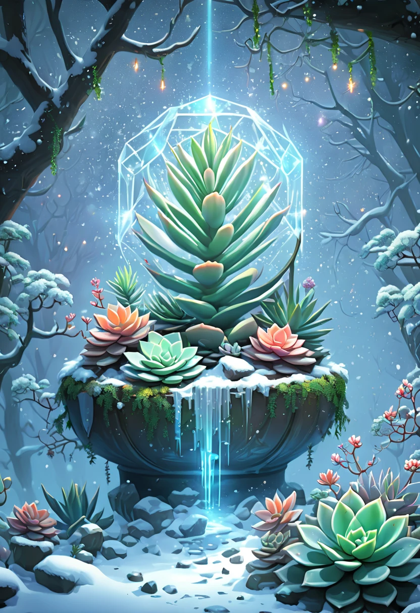 tmasterpiece，Best quality at best，high high quality，The content is very detailed，8K，(Close-up of succulents:1.5),Fantastic snow and ice jungle，ice witch，Colorful ice magic，Glowing Elves，Natural elements in the forest theme，Colorful snow and ice jungle，Epic fantasy art style，Delicate leaves and branches are surrounded by fireflies（nature elements），（Jungle theme），（leafs），（tree branch），（glowworm），（particle effect）and other 3D， Octagon rendering，Ray traching，Super meticulous，Depicting the harmony between man and nature