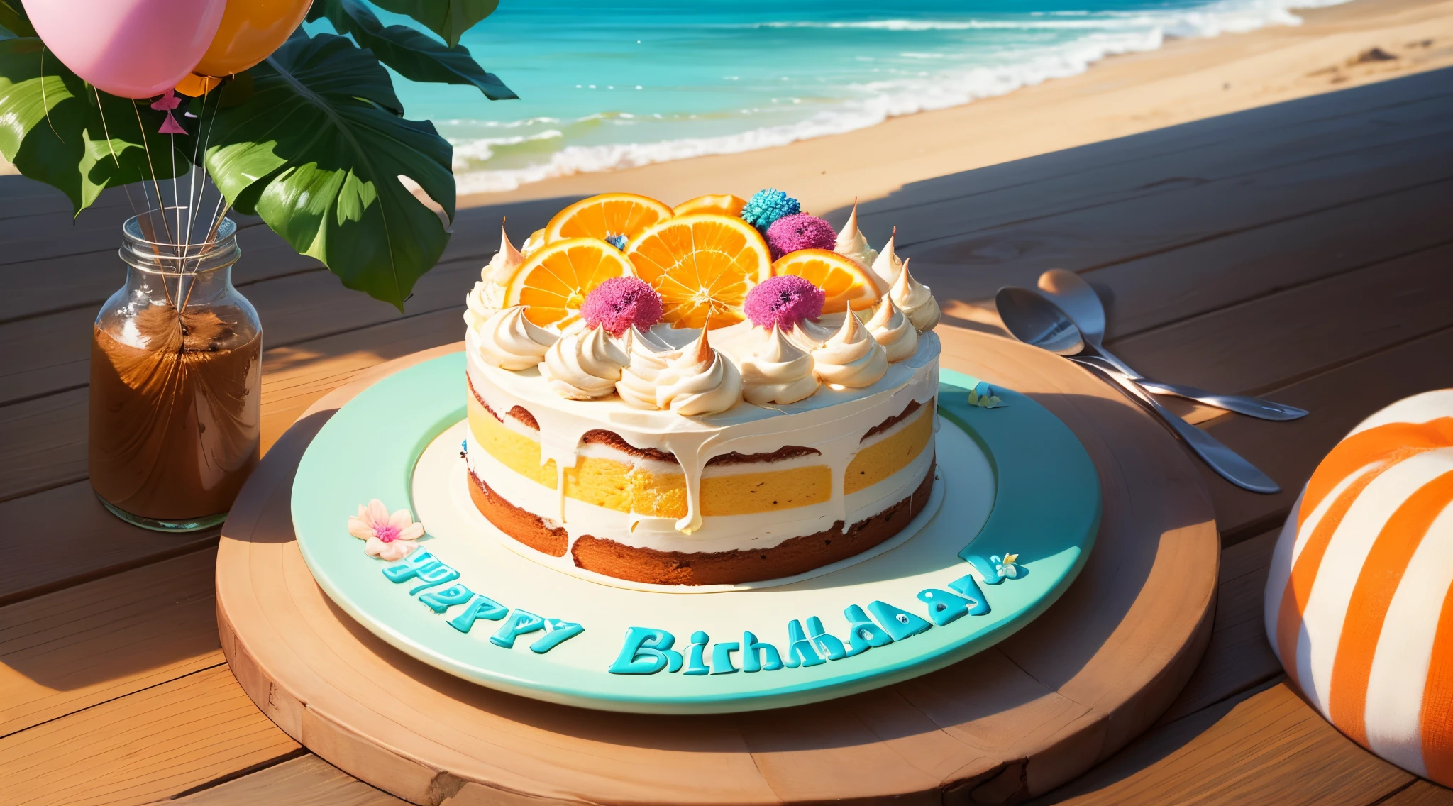 Orange birthday cake,There is a candle,balloons,fresh flowers,a plant,rays of sunshine,beachside,