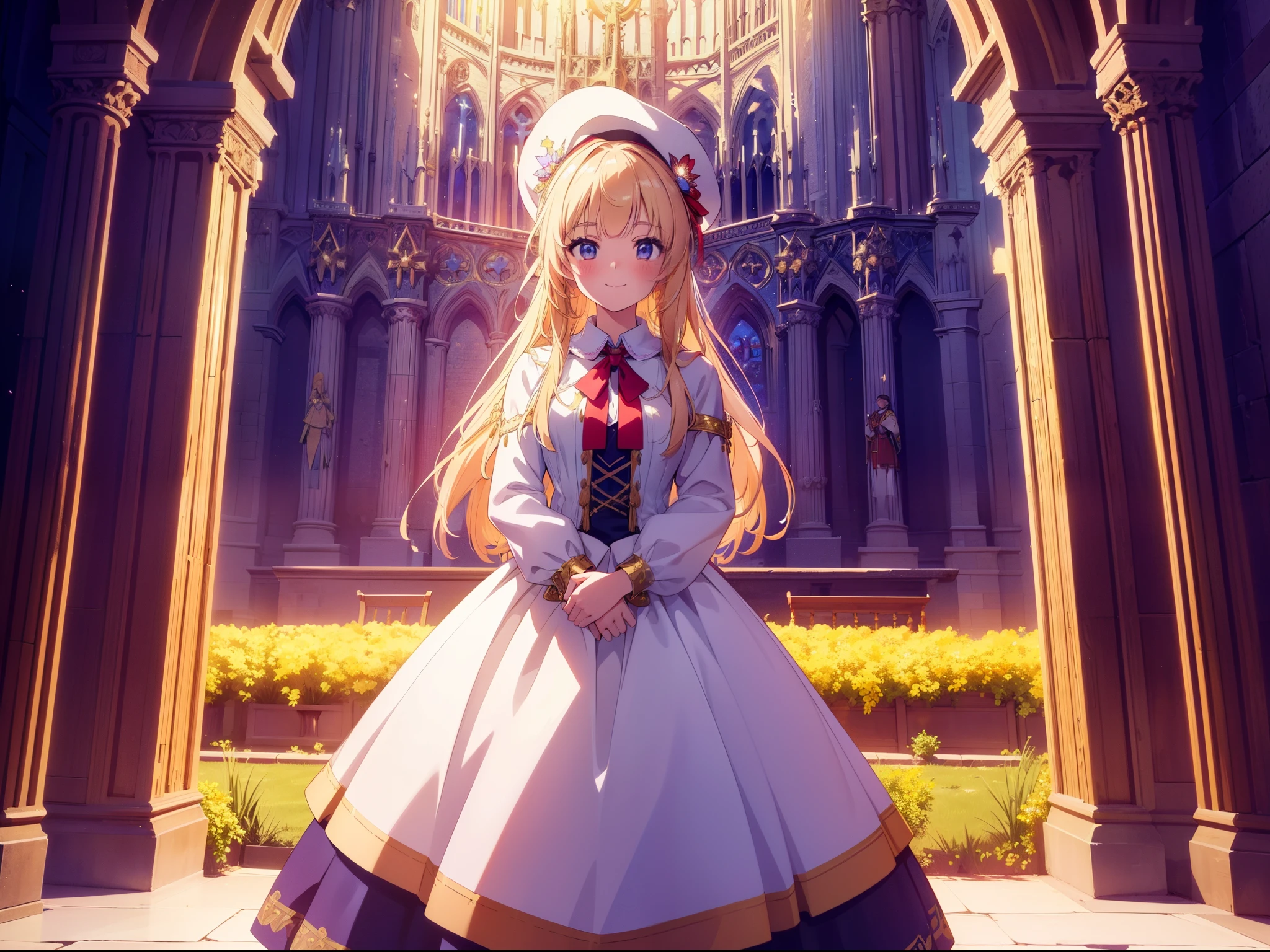 1 cute girl , (Canadian traditional costume), (standing in Notre Dame Cathedral), cowboy shot, (from below:0.8), character focus, smile, cinematic lighting, rainbow , high resolution,(incredibly absurdres) ,extremely detailed CG unity 8k wallpaper, ((masterpiece)), ((top-quality)), (beautiful illustration), ((an extremely delicate and beautiful))
