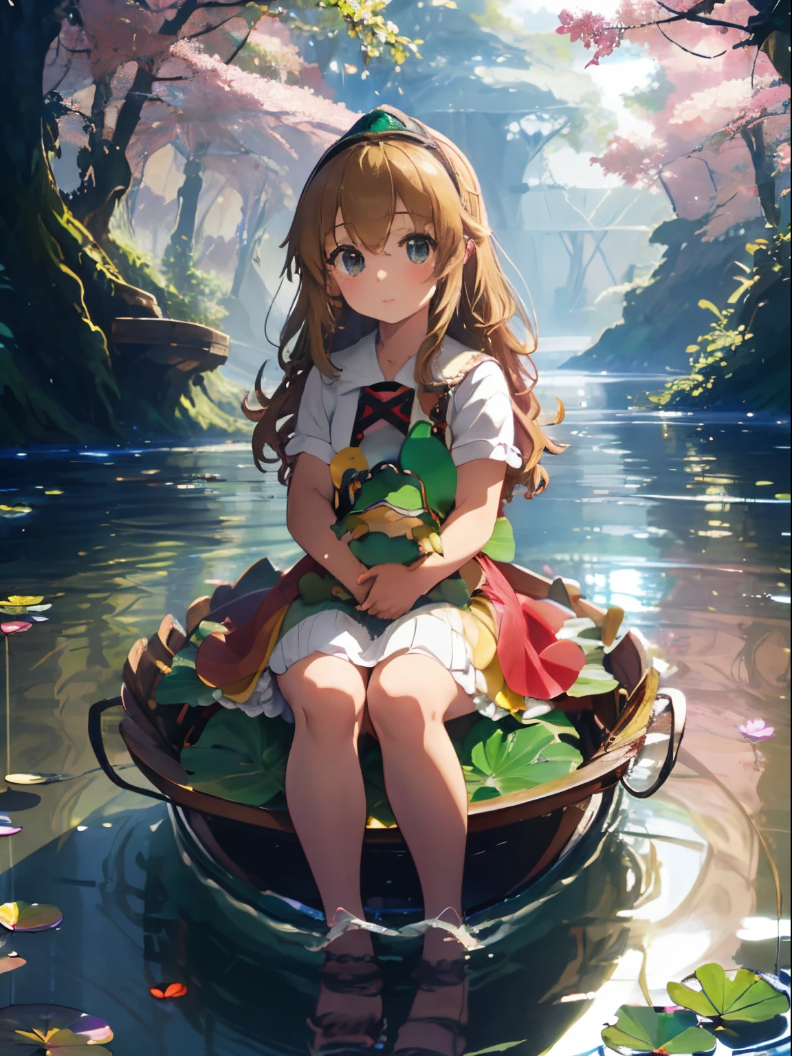 Beautiful river and big lotus leaves in the forest,The plants around her are many times larger than the girl..,lotus leaf boat,A little dwarf girl is riding on a lotus leaf boat。,Princess Oyayubi,fluffy voluminous hair,Pretty Princess,lightbrown hair,fluffy pink, white and red princess dress,Slight red tide,Kamimei,frog is swimming in the water,little fairy flying around,Sparkling water surface and light