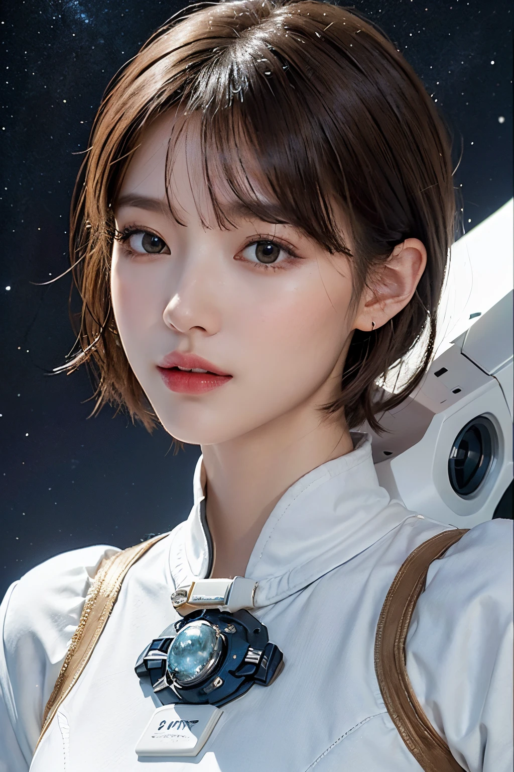 top-quality、masterpiece、超A high resolution、(realisitic:1.4)、Beautuful Women1、Beautiful detail eyes and skin、ssmile、Light brown short-cut hair、The perfect spacesuit、spaceships、cosmic space、iced&Snow Planet、cloudy ash sky、weak sunshine、