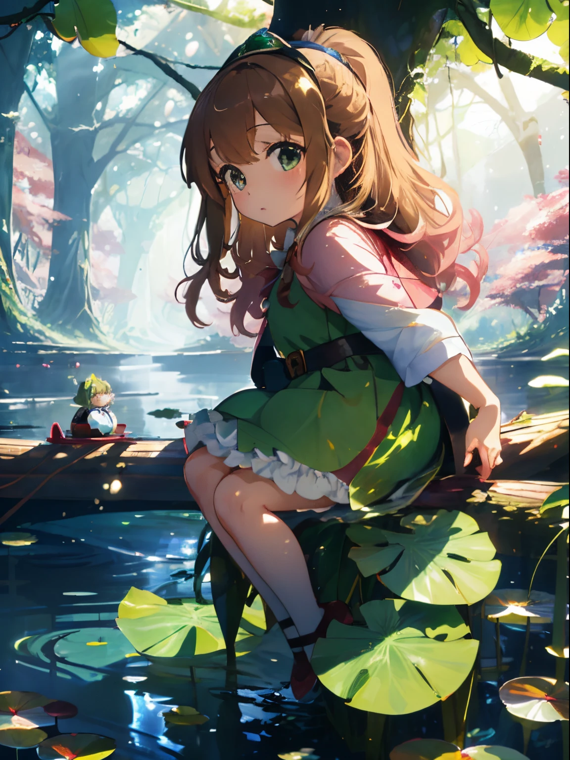 Beautiful river and big lotus leaves in the forest,The plants around her are many times larger than the girl..,lotus leaf boat,A little dwarf girl is riding on a lotus leaf boat。,Princess Oyayubi,fluffy voluminous hair,Pretty Princess,lightbrown hair,fluffy pink, white and red princess dress,Slight red tide,Kamimei,frog is swimming in the water,little fairy flying around,Sparkling water surface and light